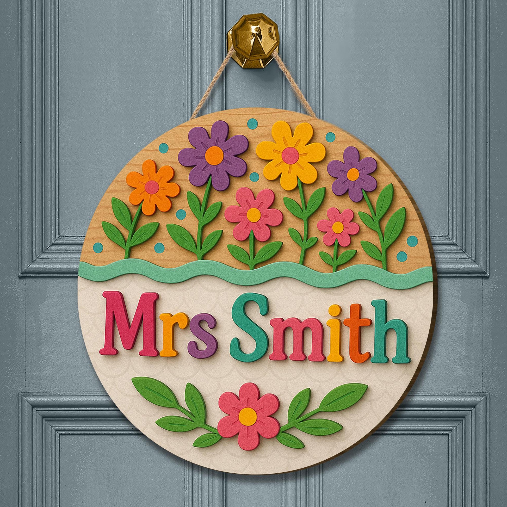Custom Floral Teacher Sign, 3D Wooden Name Sign for Teacher Classroom, Colorful Classroom Door Decor, Back to School Gift