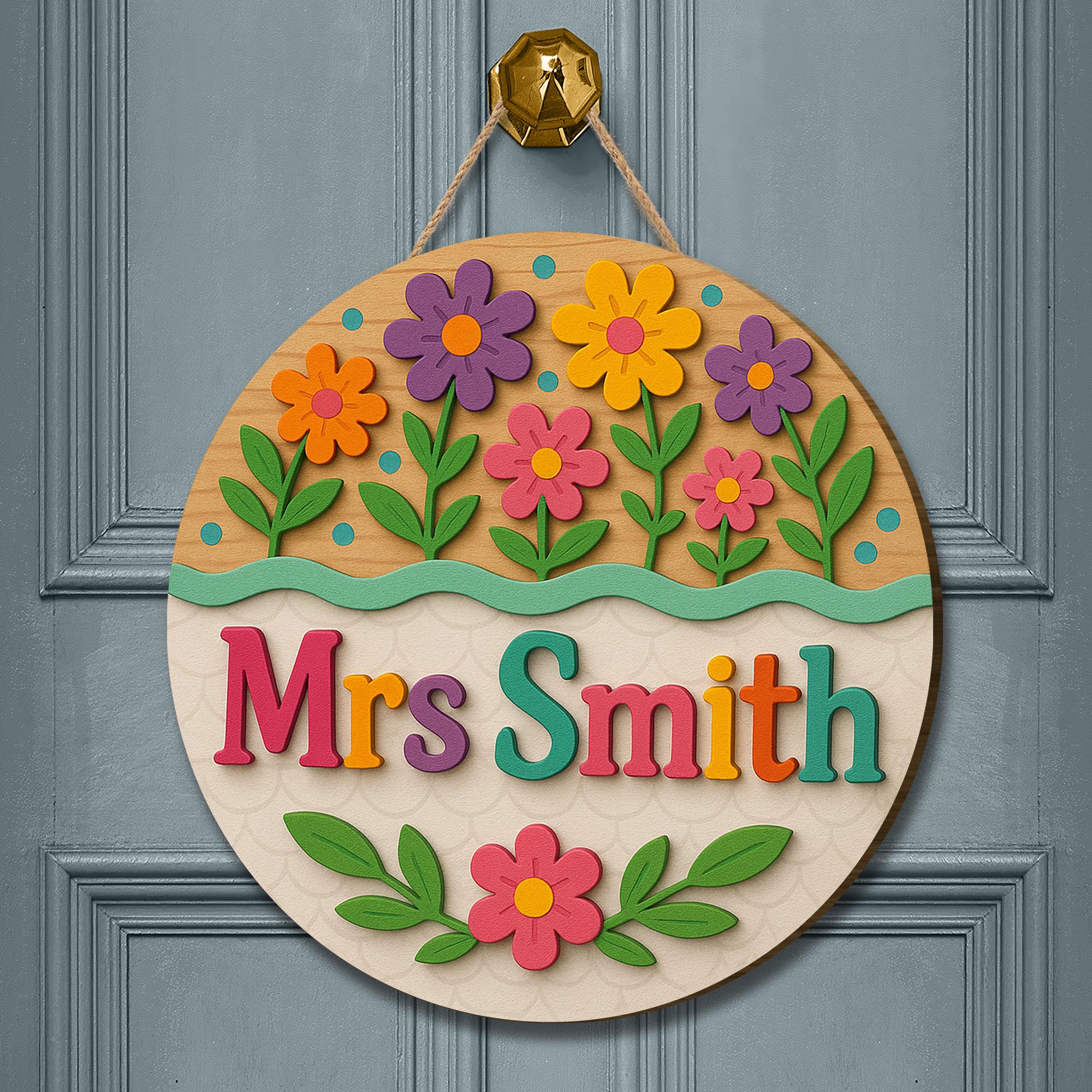 Custom Floral Teacher Sign, 3D Wooden Name Sign for Teacher Classroom, Colorful Classroom Door Decor, Back to School Gift