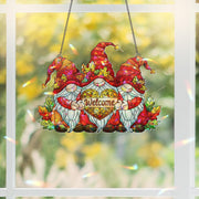 Fall Gnome Welcome Window Hanging – Autumn Holographic Faux Glass Decor with Leaves & Gnomes, Sun Catcher for Door or Window