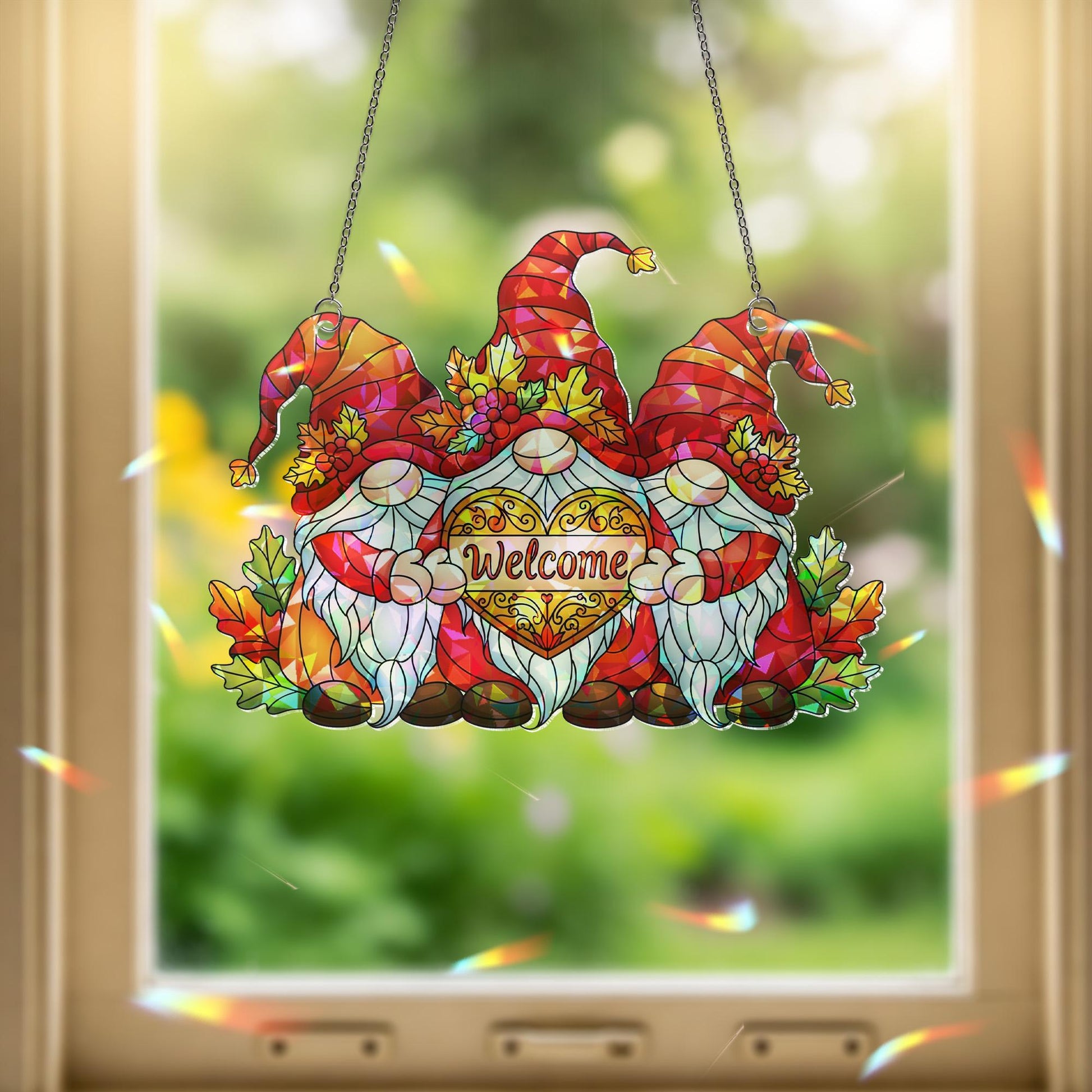 Fall Gnome Welcome Window Hanging – Autumn Holographic Faux Glass Decor with Leaves & Gnomes, Sun Catcher for Door or Window