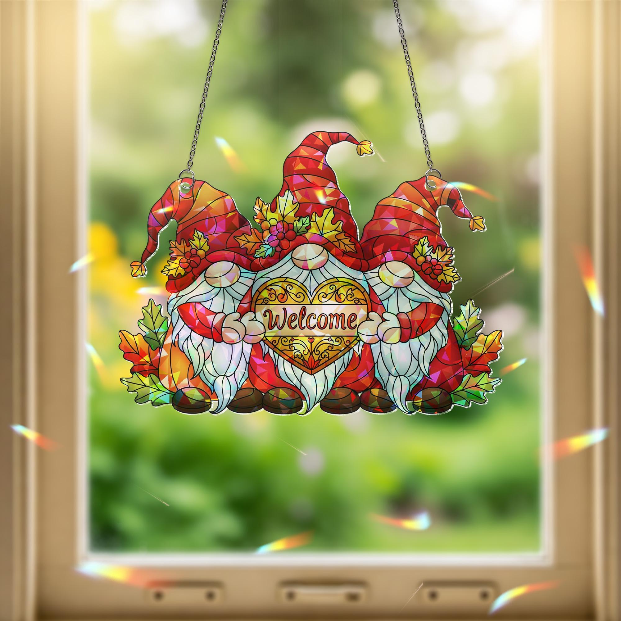 Fall Gnome Welcome Window Hanging – Autumn Holographic Faux Glass Decor with Leaves & Gnomes, Sun Catcher for Door or Window