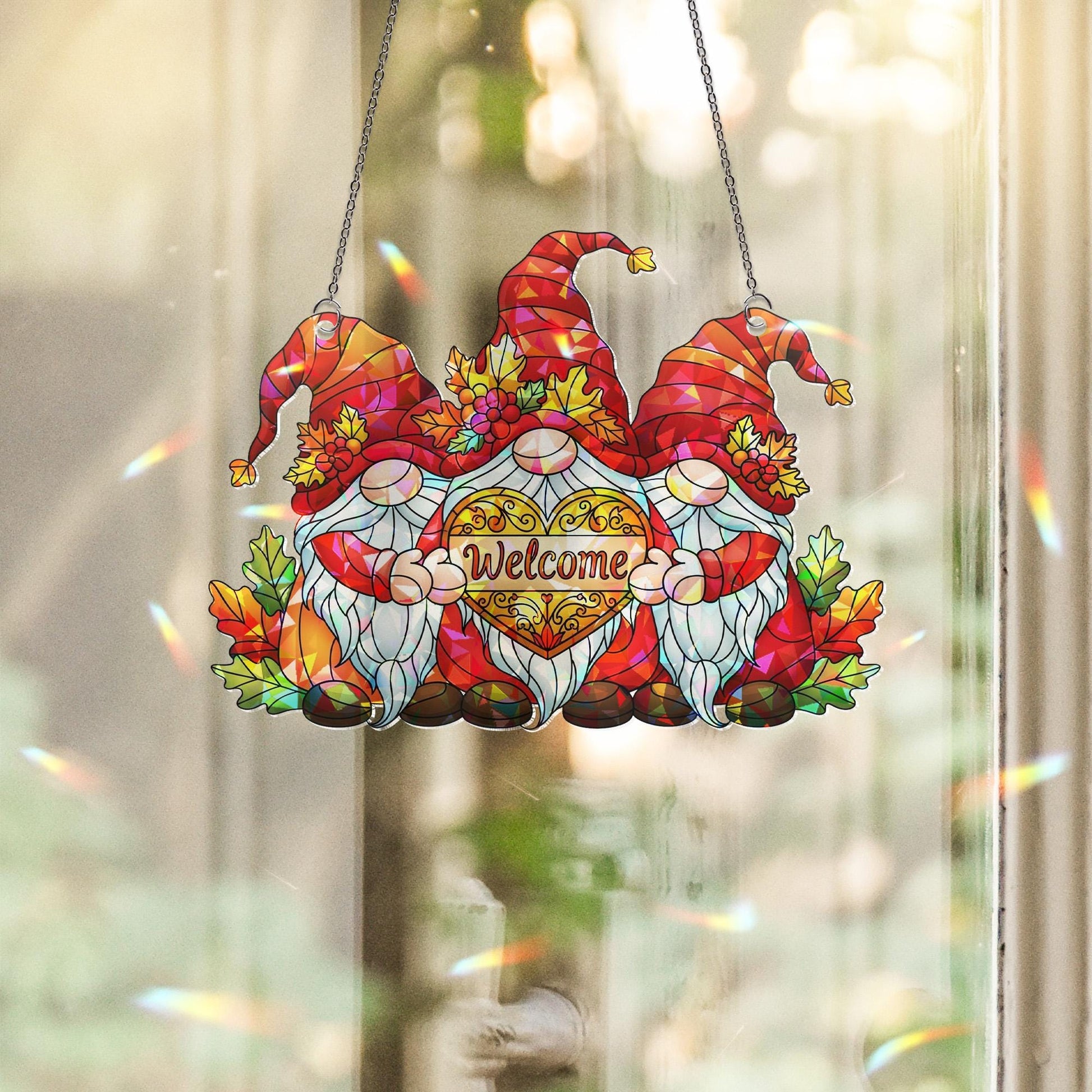 Fall Gnome Welcome Window Hanging – Autumn Holographic Faux Glass Decor with Leaves & Gnomes, Sun Catcher for Door or Window