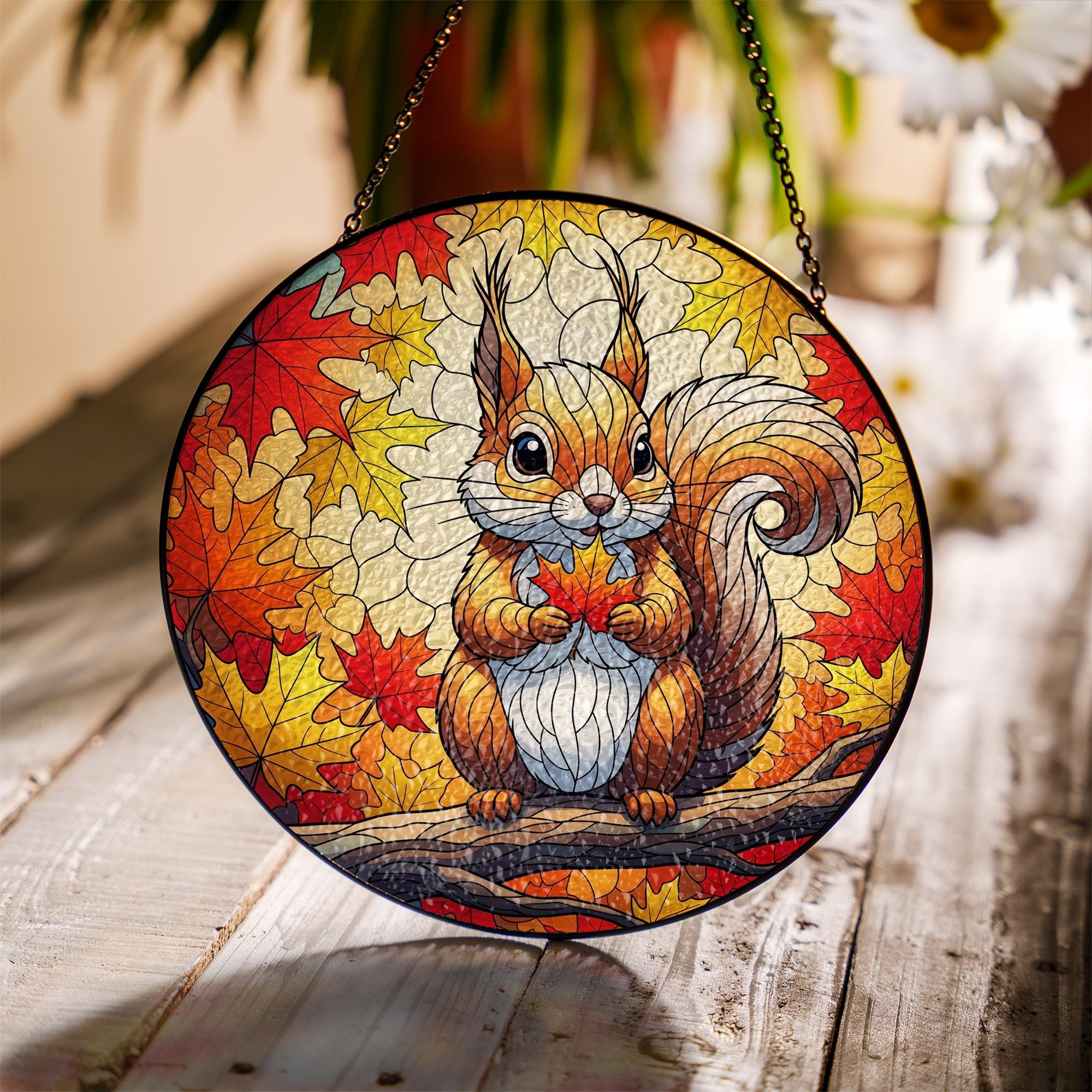 Cute Squirrel Stained Glass Sun Catcher - Autumn Maple Leaf Window Decor - Fall Woodland Animal Gift