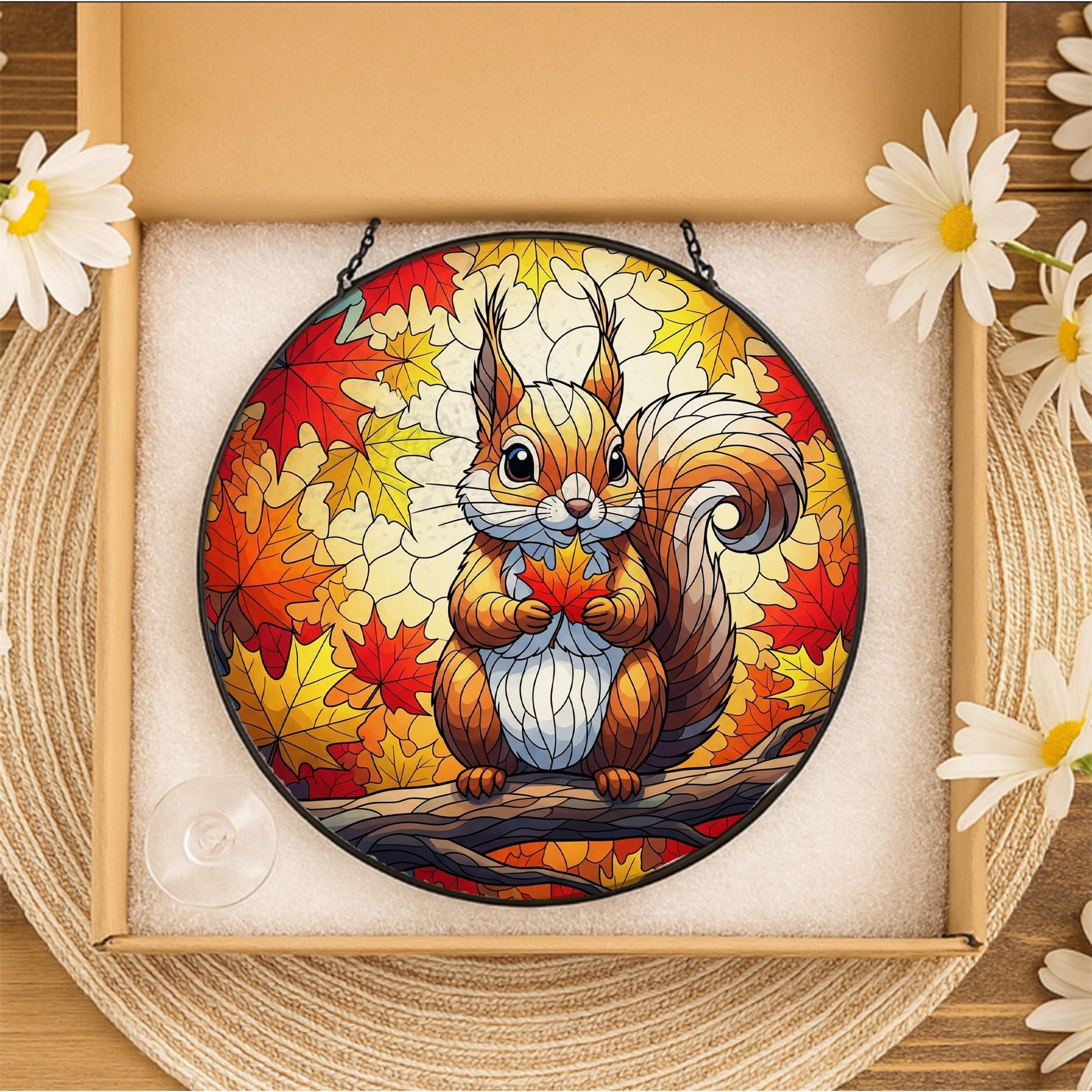 Cute Squirrel Stained Glass Sun Catcher - Autumn Maple Leaf Window Decor - Fall Woodland Animal Gift