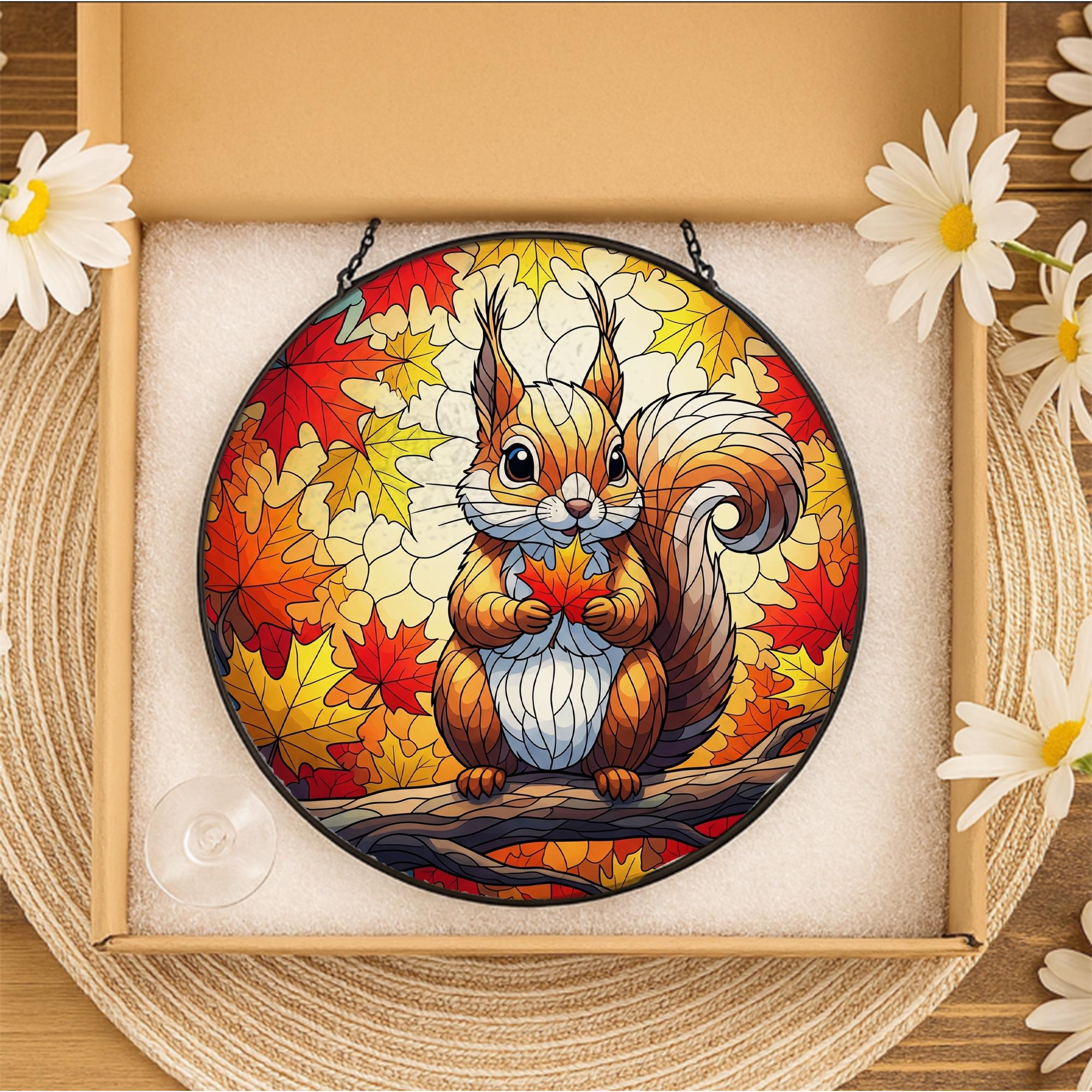 Cute Squirrel Stained Glass Sun Catcher - Autumn Maple Leaf Window Decor - Fall Woodland Animal Gift