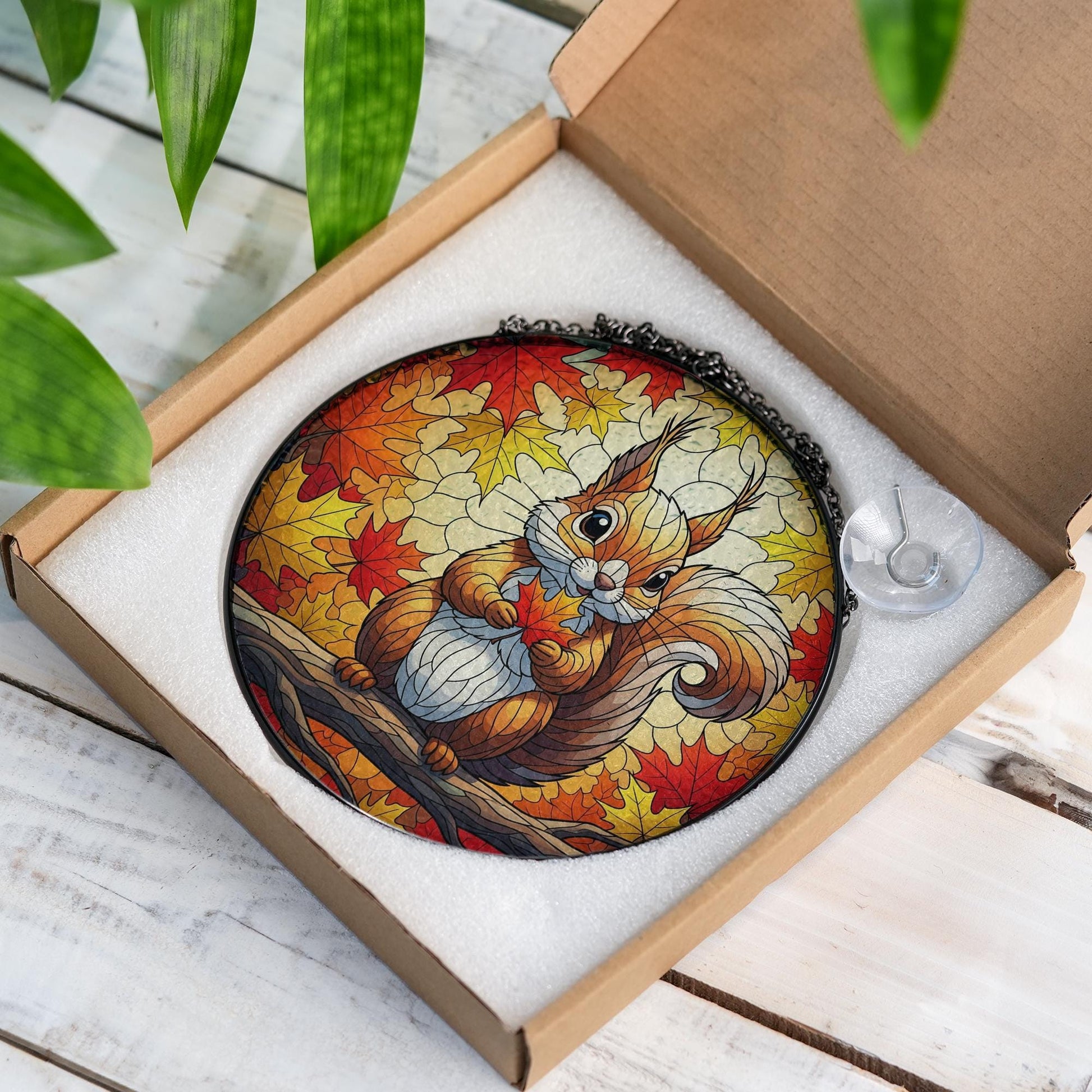 Cute Squirrel Stained Glass Sun Catcher - Autumn Maple Leaf Window Decor - Fall Woodland Animal Gift