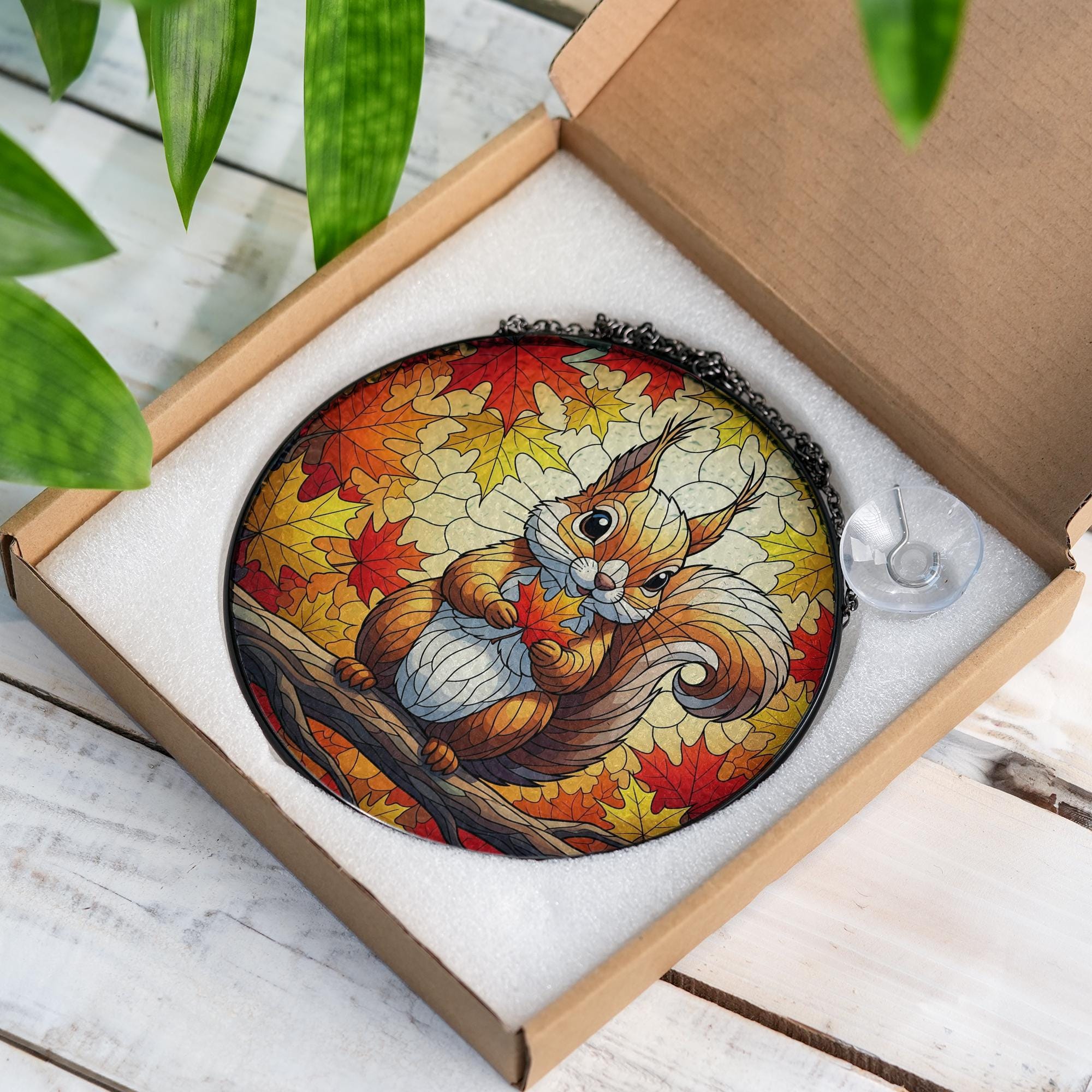Cute Squirrel Stained Glass Sun Catcher - Autumn Maple Leaf Window Decor - Fall Woodland Animal Gift