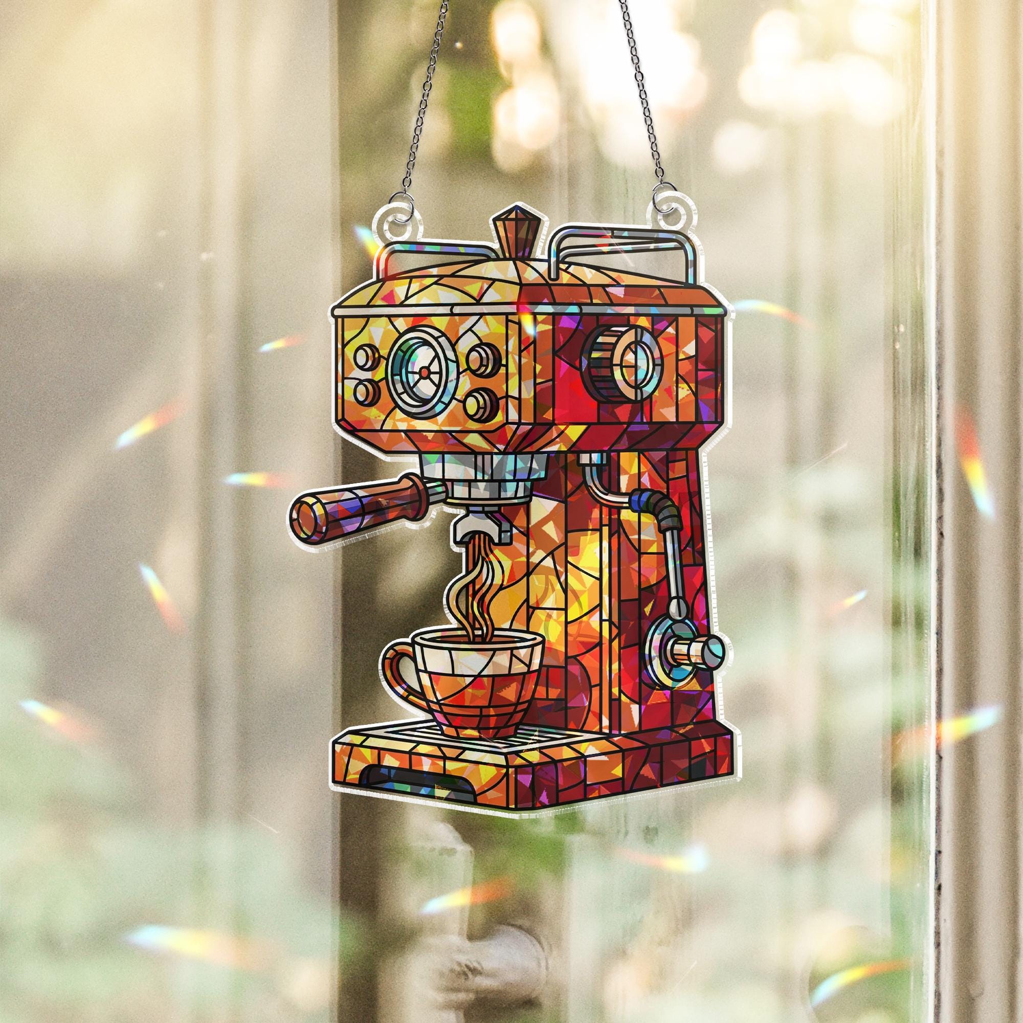 Coffee Bar Hologram Window Hanging – Faux Glass Espresso Machine Decor, Kitchen Coffee Lover Gift, Sun Catcher Window Sign