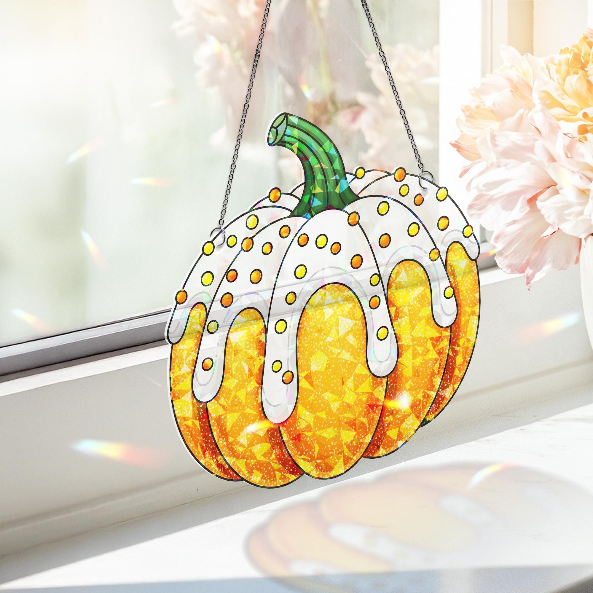Pumpkin Cupcake Faux Glass Window Hanging – Holographic Fall Decor, Sweet Autumn Kitchen Sun Catcher, Pumpkin Lover Halloween Gift