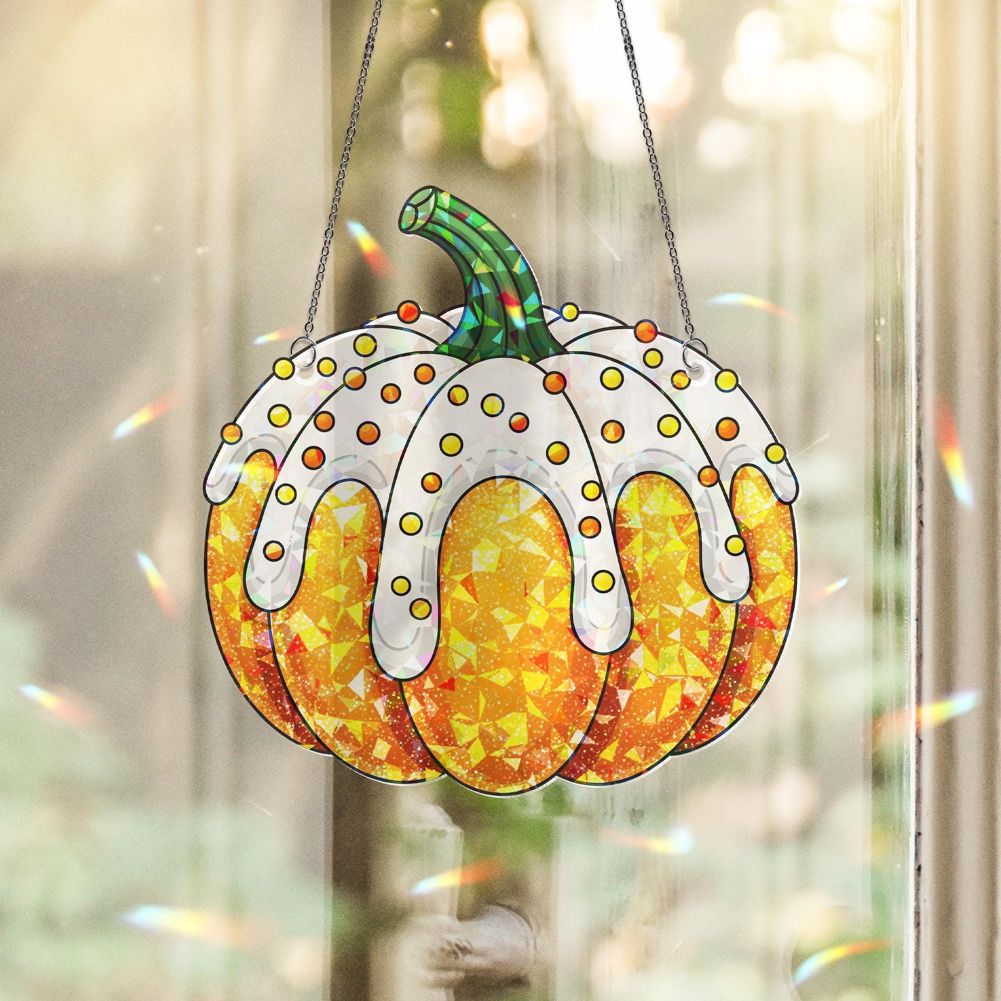Pumpkin Cupcake Faux Glass Window Hanging – Holographic Fall Decor, Sweet Autumn Kitchen Sun Catcher, Pumpkin Lover Halloween Gift