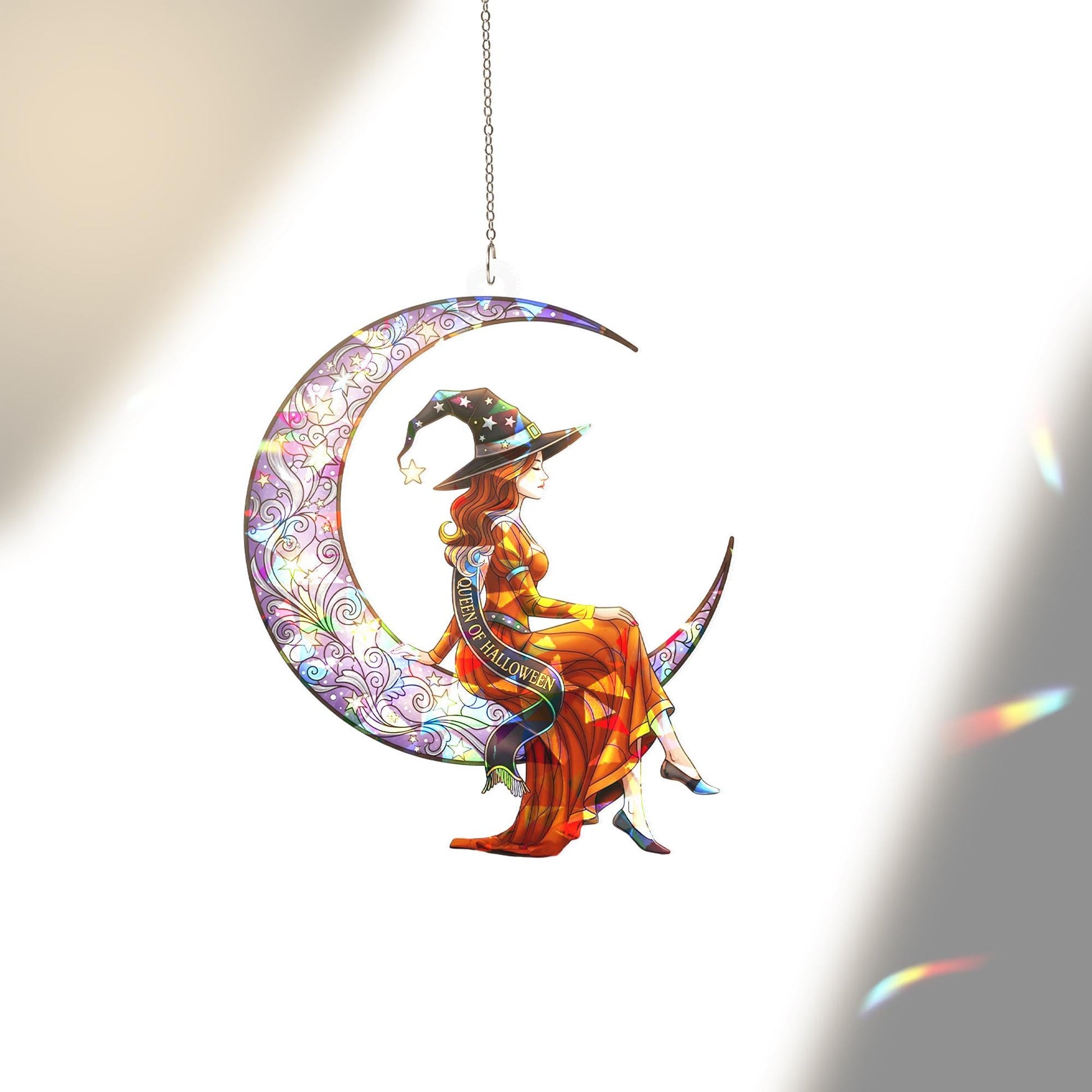 Halloween Witch Sun Catcher - Stained Glass Crescent Moon Window Decor - Queen of Halloween Gift