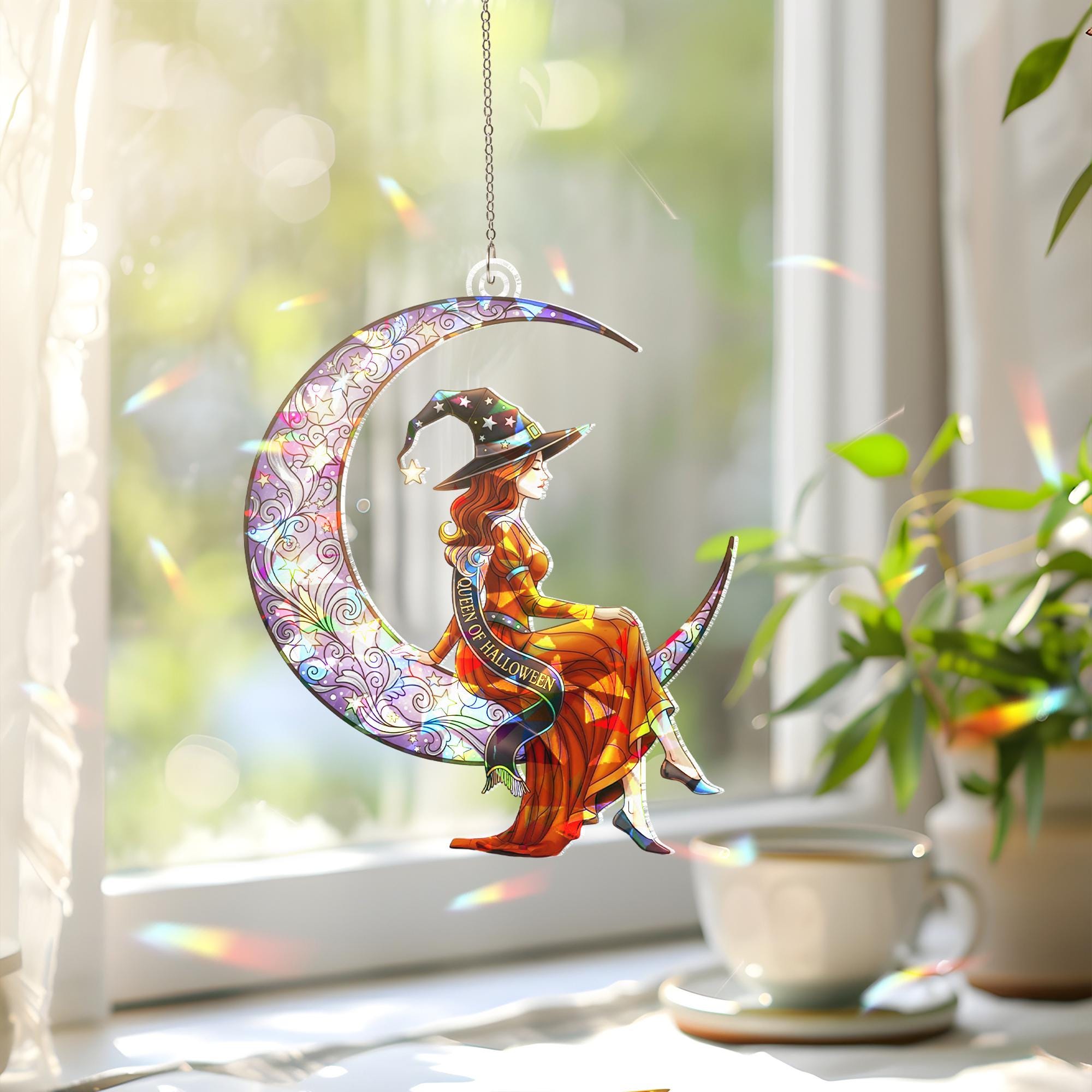 Halloween Witch Sun Catcher - Stained Glass Crescent Moon Window Decor - Queen of Halloween Gift