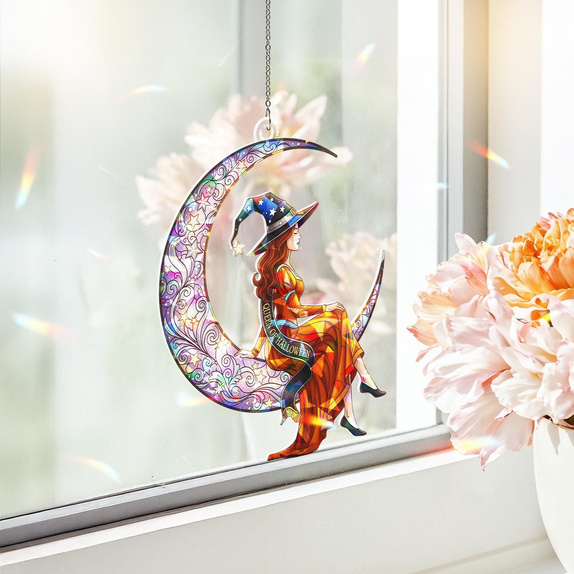 Halloween Witch Sun Catcher - Stained Glass Crescent Moon Window Decor - Queen of Halloween Gift