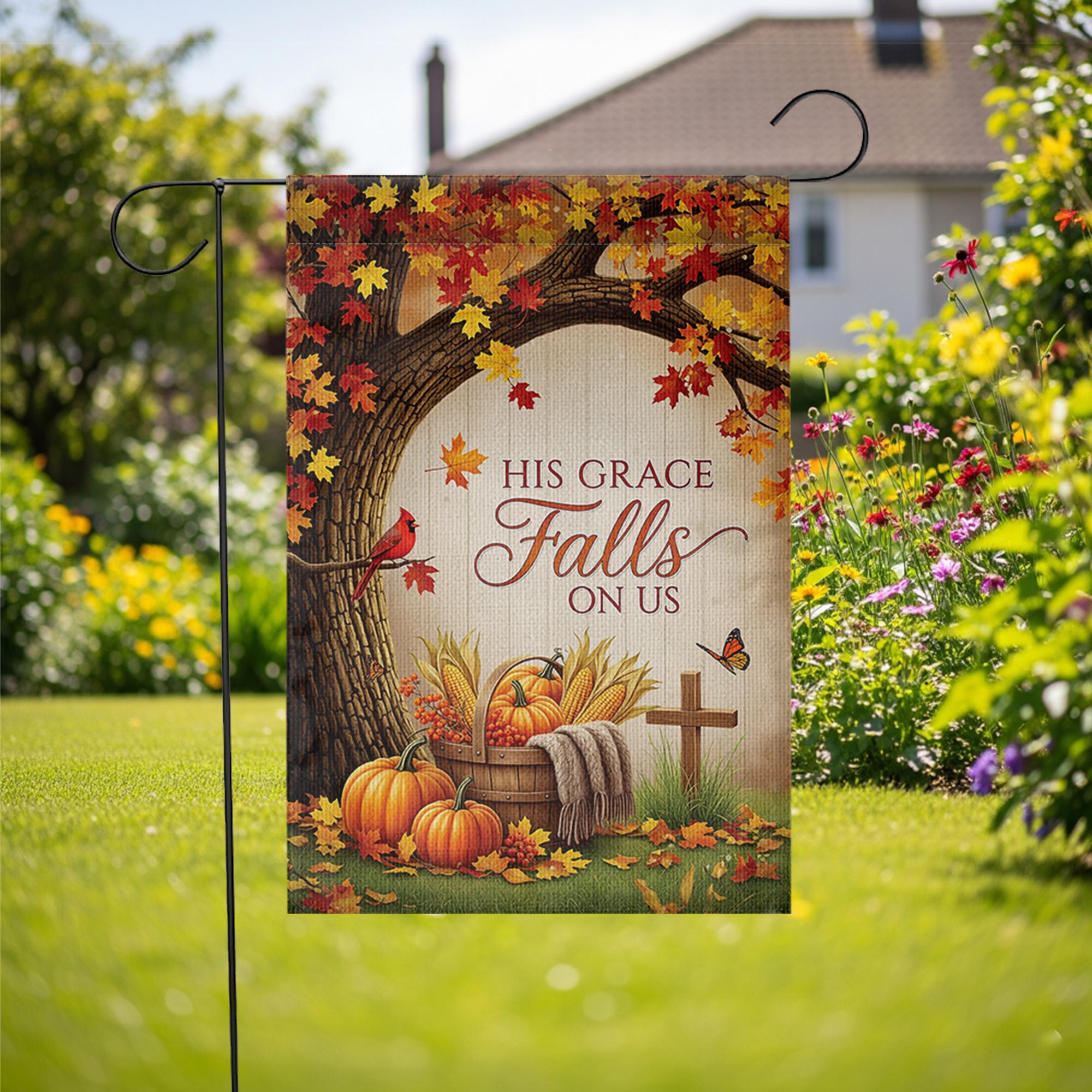 Christian Fall Garden Flag - His Grace Falls On Us - Autumn Pumpkin Outdoor Yard Decor