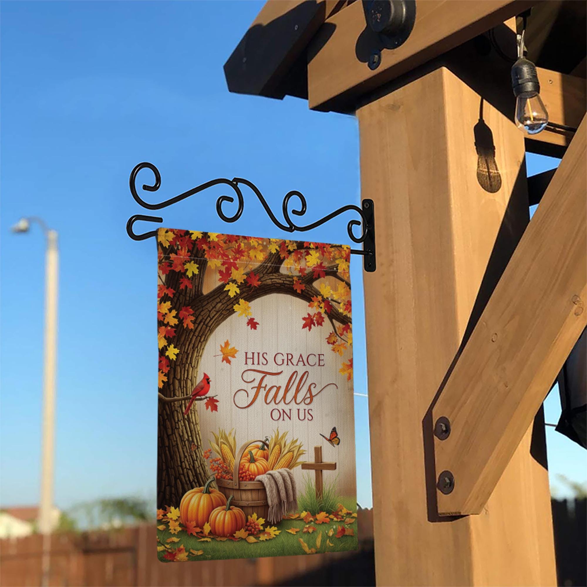 Christian Fall Garden Flag - His Grace Falls On Us - Autumn Pumpkin Outdoor Yard Decor