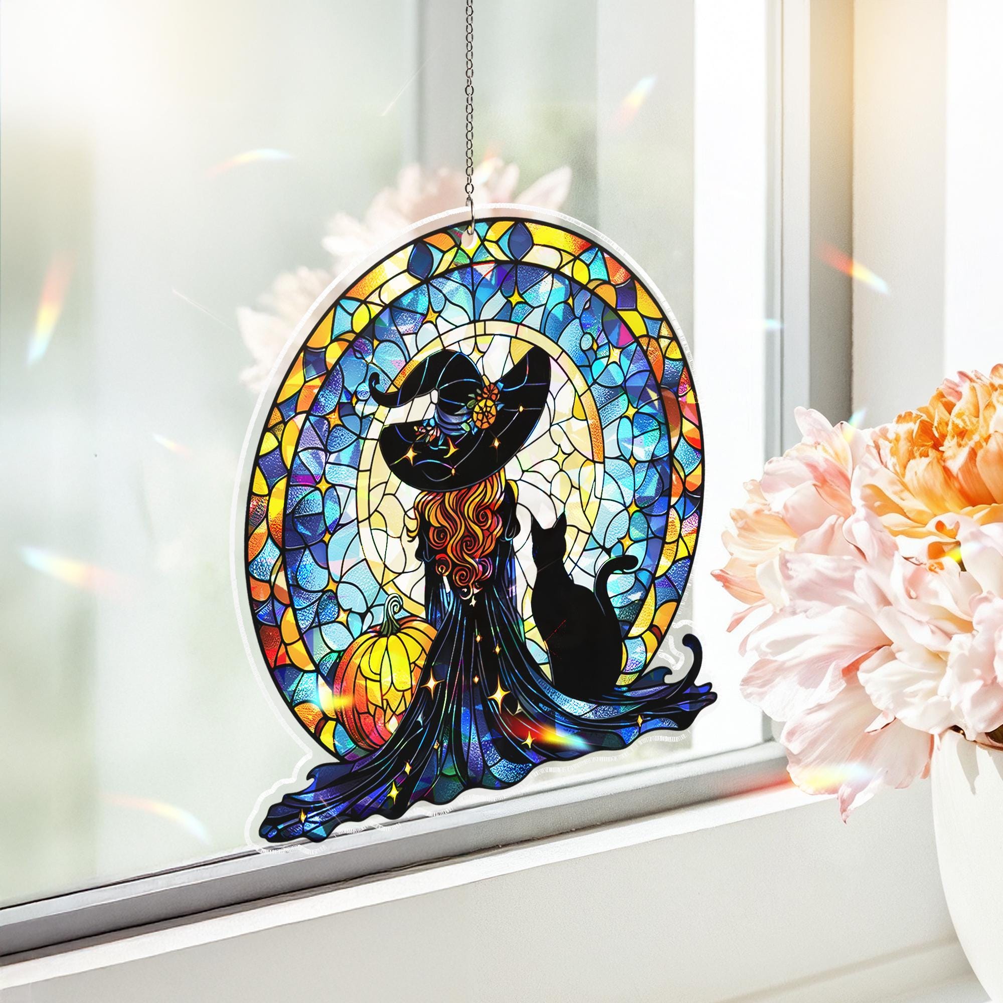 Holographic Witch Suncatcher, Halloween Window Hanging, Acrylic  Cat & Pumpkin Decor, Gothic Fall Sun Catcher Art