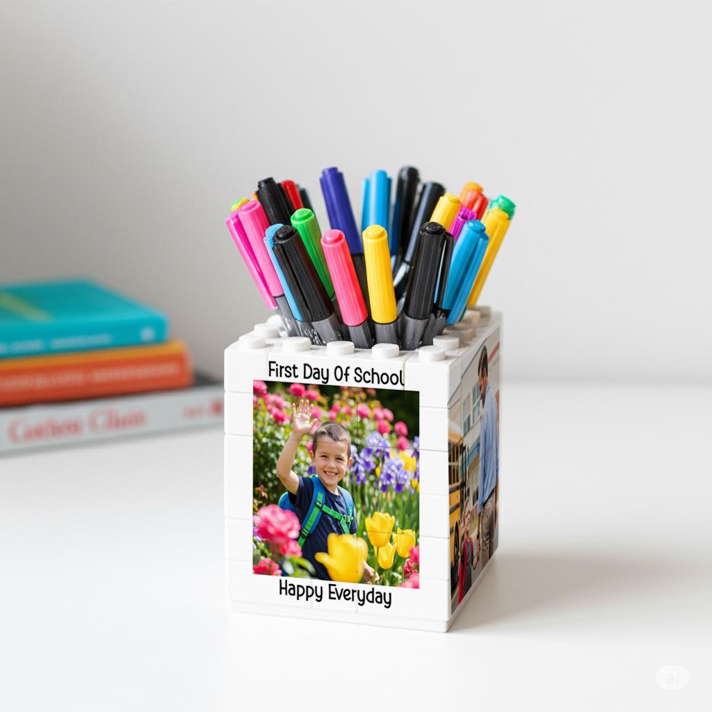 Personalised First Day of School Brick Desk Pencil Pot, Custom Children's picture Bedroom Gift Pencil Pot, Gift for Teachers or Parents