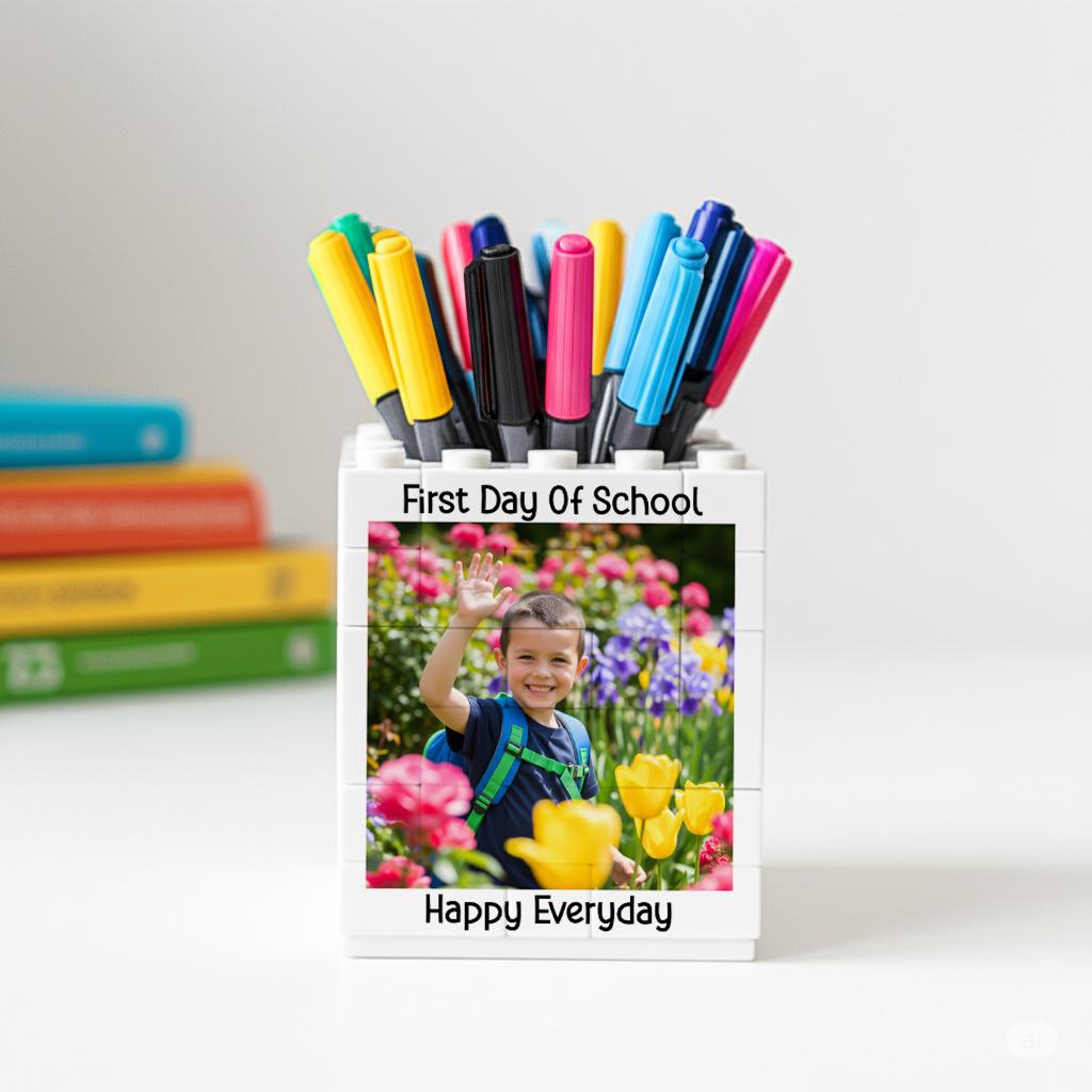 Personalised First Day of School Brick Desk Pencil Pot, Custom Children's picture Bedroom Gift Pencil Pot, Gift for Teachers or Parents