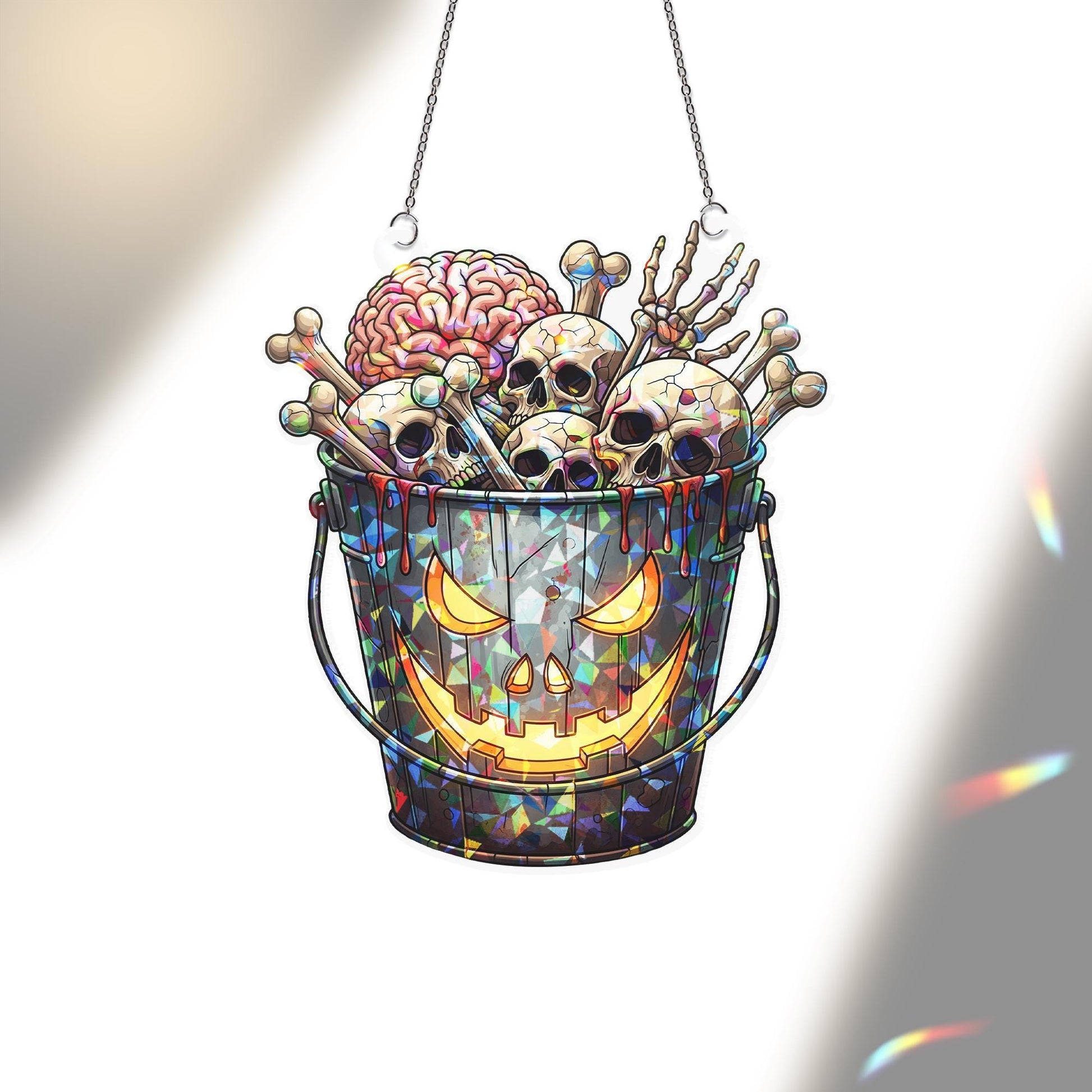 Halloween Skull Sun Catcher - Creepy Brain Bucket Stained Glass Decor - Spooky Window Hanging