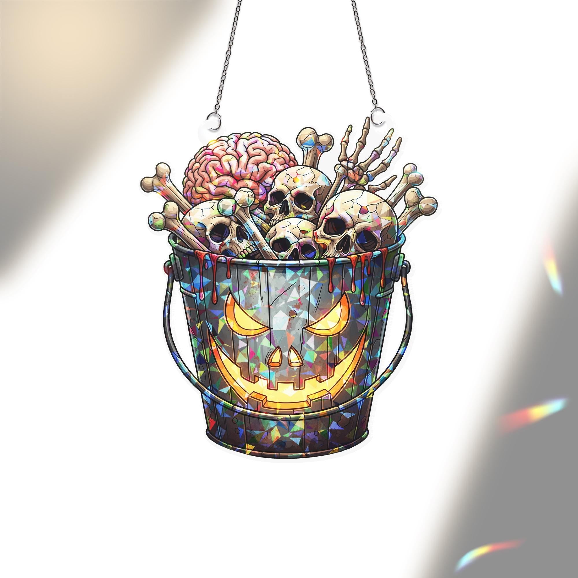 Halloween Skull Sun Catcher - Creepy Brain Bucket Stained Glass Decor - Spooky Window Hanging