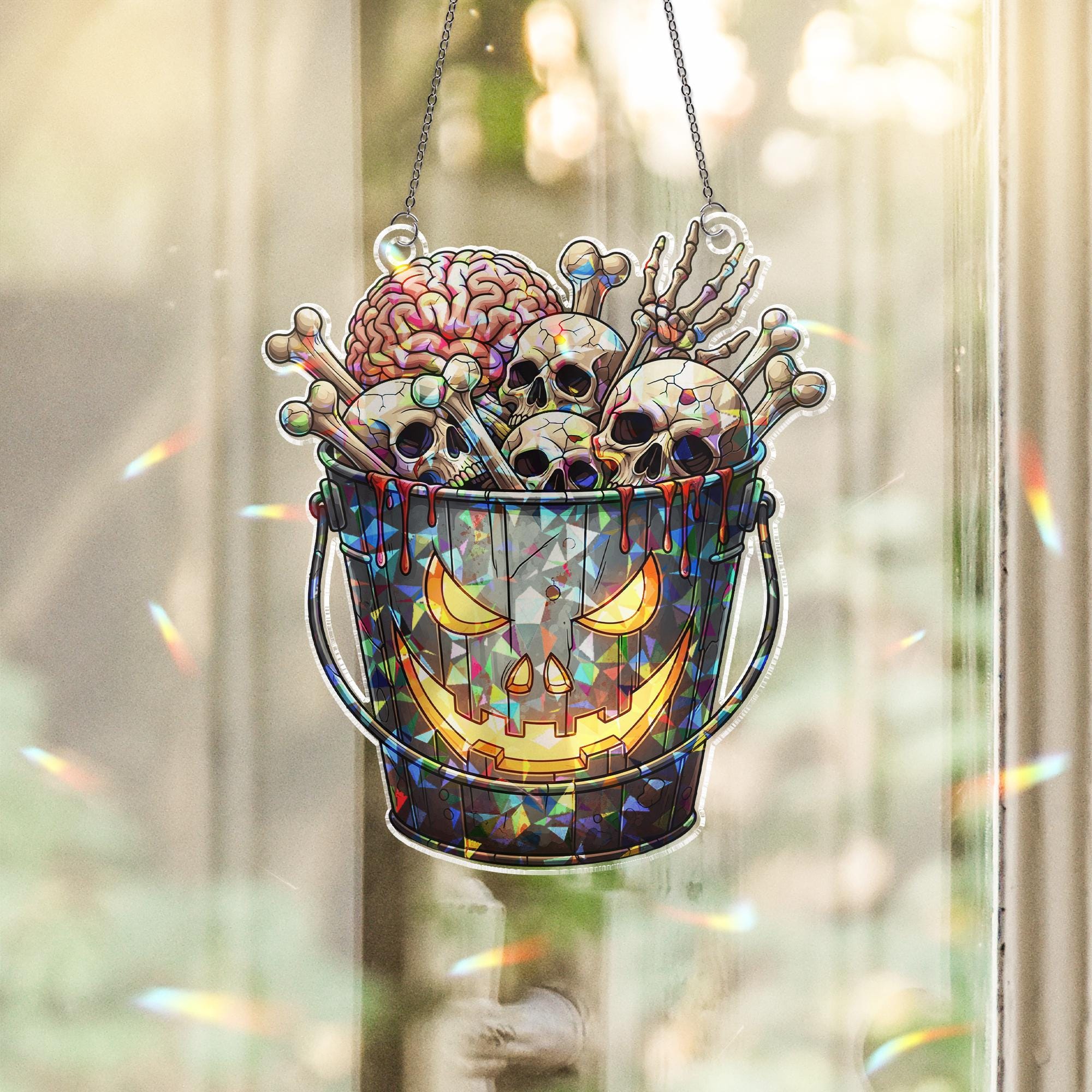 Halloween Skull Sun Catcher - Creepy Brain Bucket Stained Glass Decor - Spooky Window Hanging