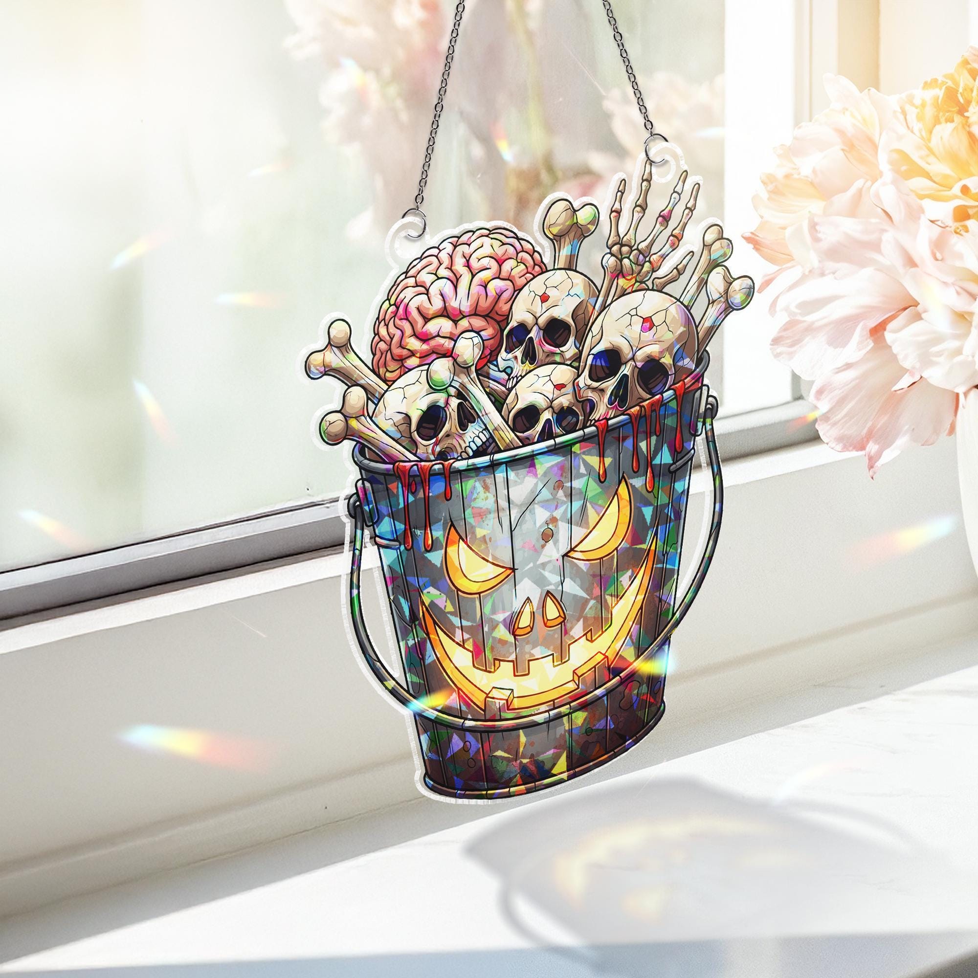 Halloween Skull Sun Catcher - Creepy Brain Bucket Stained Glass Decor - Spooky Window Hanging