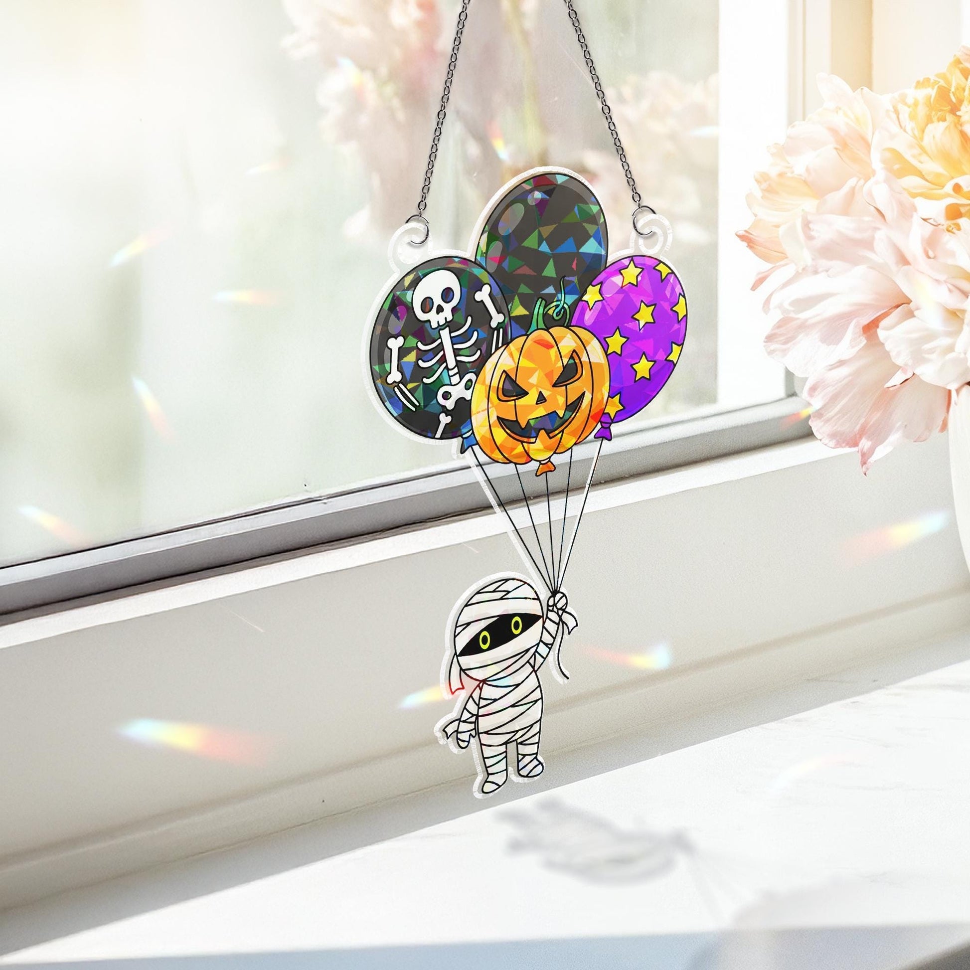 Cute Halloween Mummy Sun Catcher - Pumpkin Balloon Stained Glass Decor - Kid-Friendly Window Art