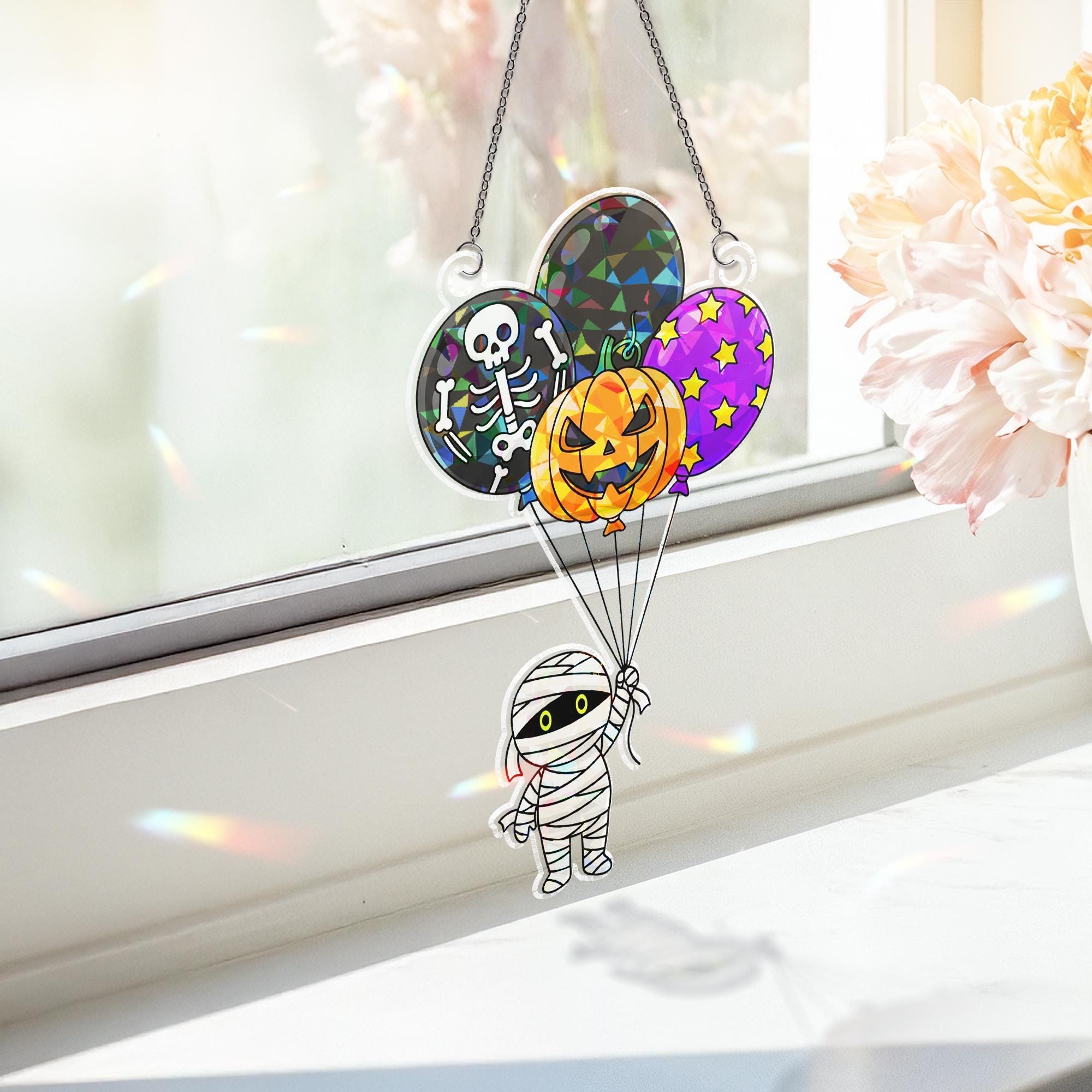 Cute Halloween Mummy Sun Catcher - Pumpkin Balloon Stained Glass Decor - Kid-Friendly Window Art