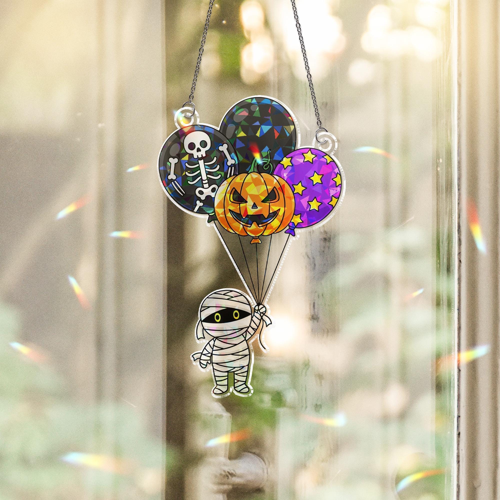 Cute Halloween Mummy Sun Catcher - Pumpkin Balloon Stained Glass Decor - Kid-Friendly Window Art