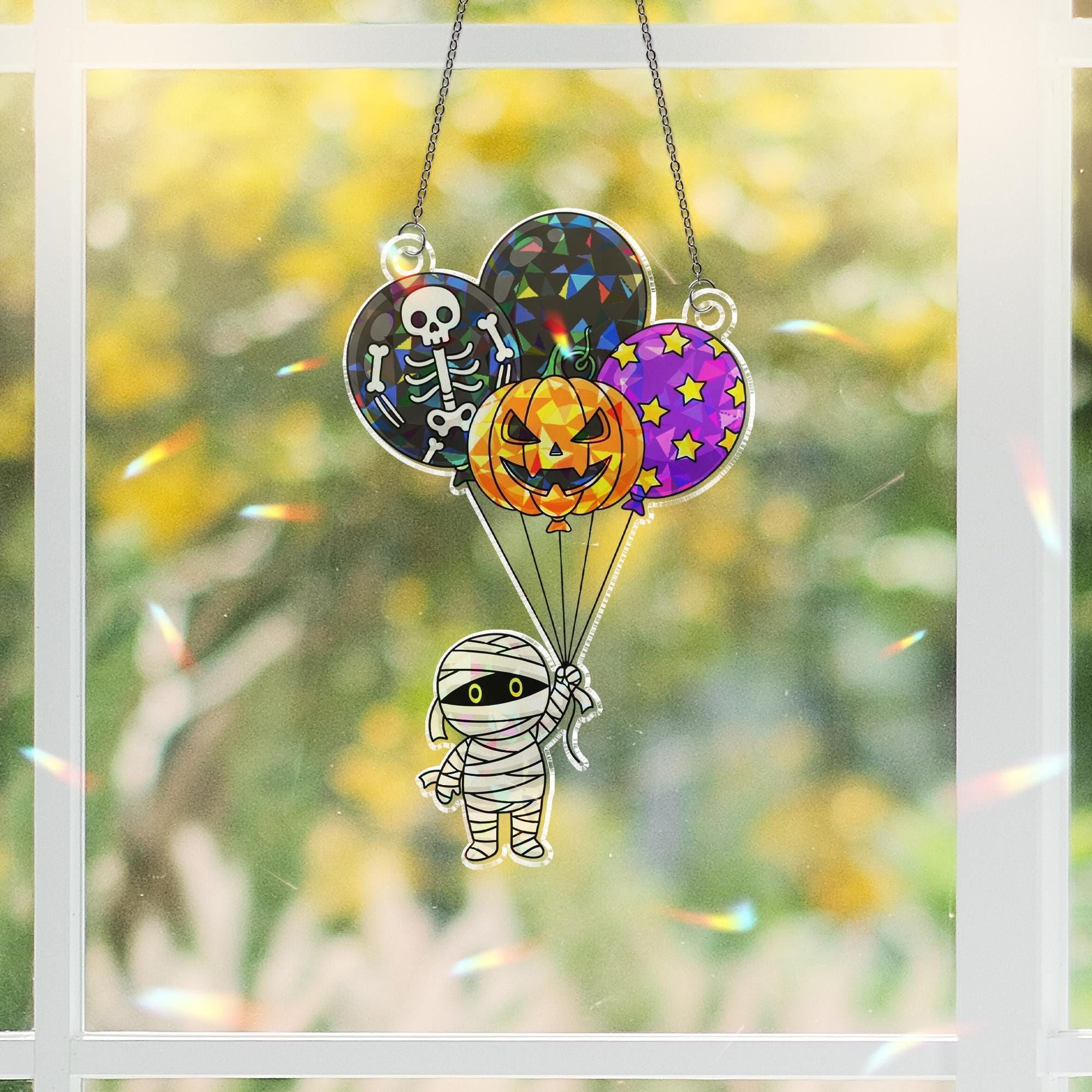 Cute Halloween Mummy Sun Catcher - Pumpkin Balloon Stained Glass Decor - Kid-Friendly Window Art