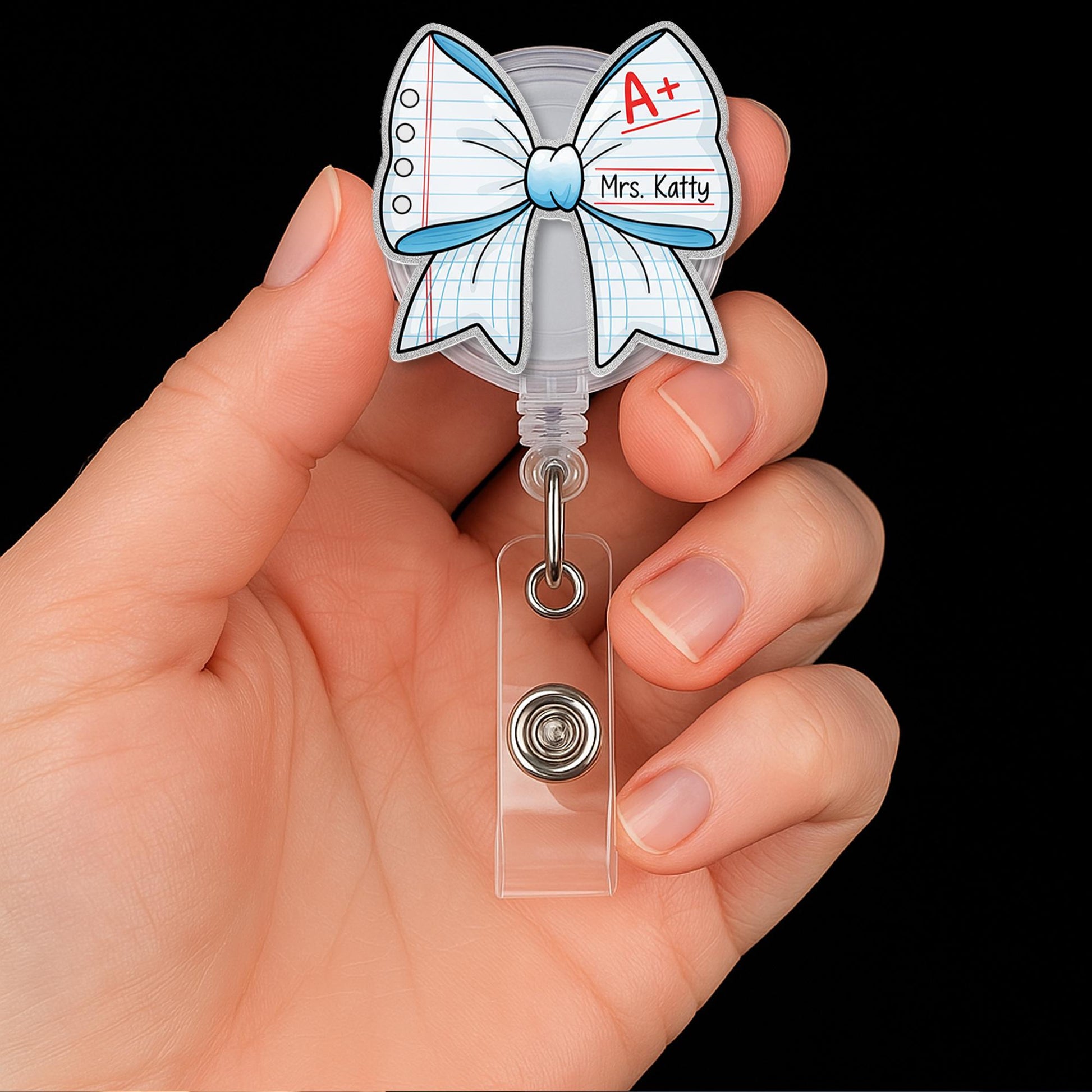 Personalized Teacher Badge Reel, Custom Back to School ID Holder, Cute Bow Name Tag, Retractable Clip for Teachers and Nurses