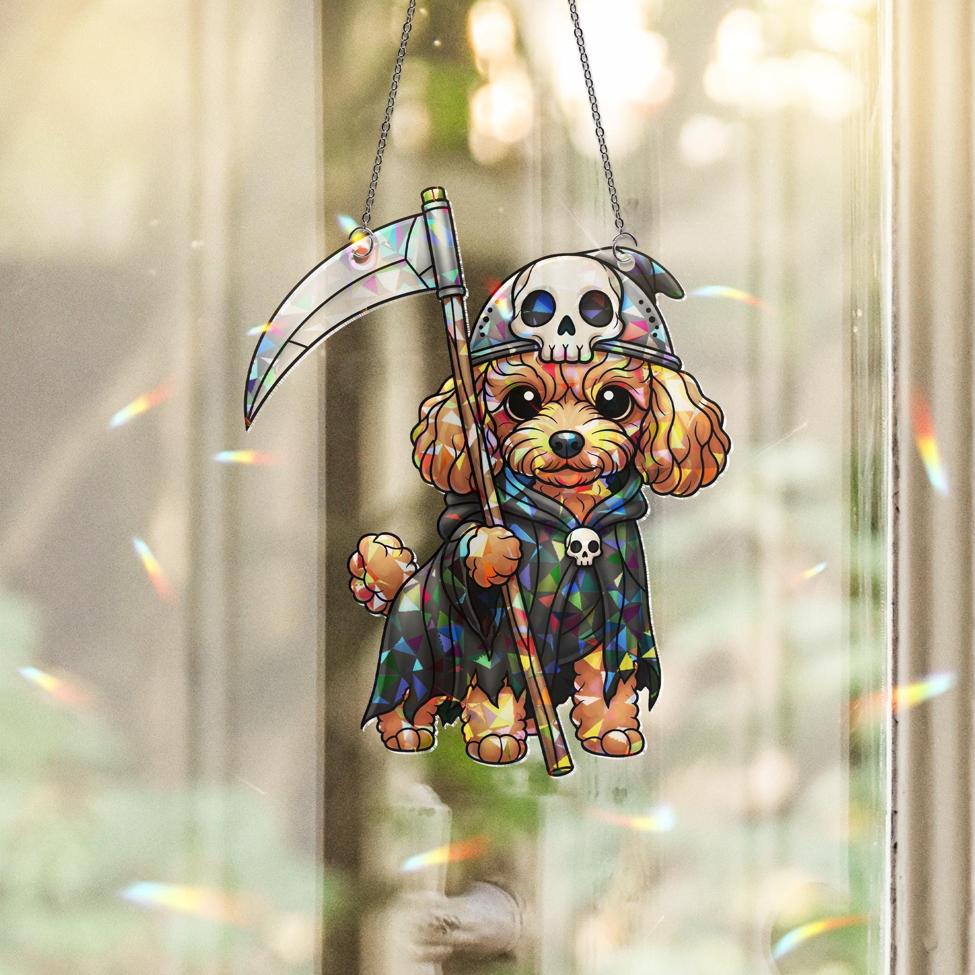 Grim Reaper Dog Sun Catcher - Cute Halloween Puppy Stained Glass Decor - Spooky Pet Window Art