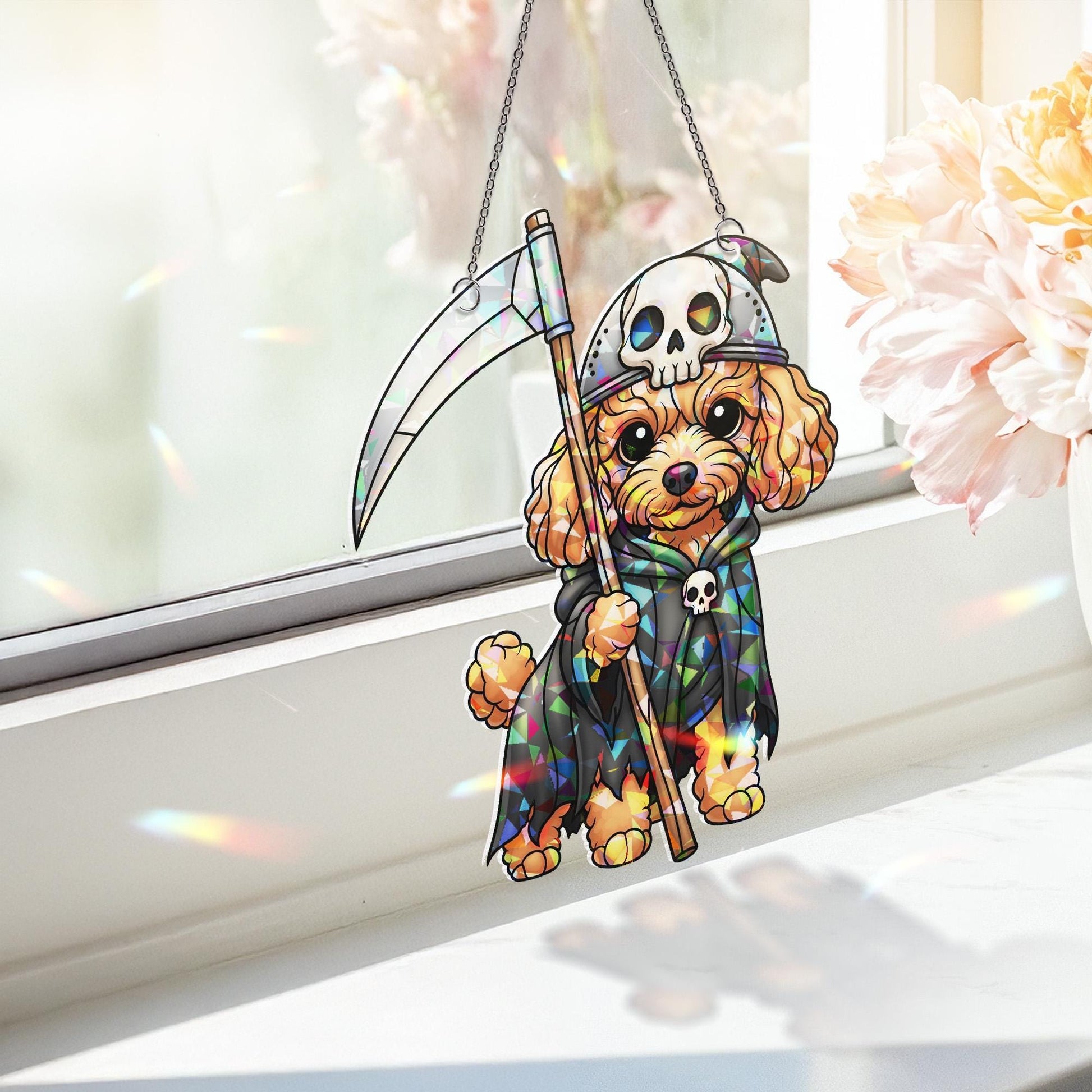 Grim Reaper Dog Sun Catcher - Cute Halloween Puppy Stained Glass Decor - Spooky Pet Window Art