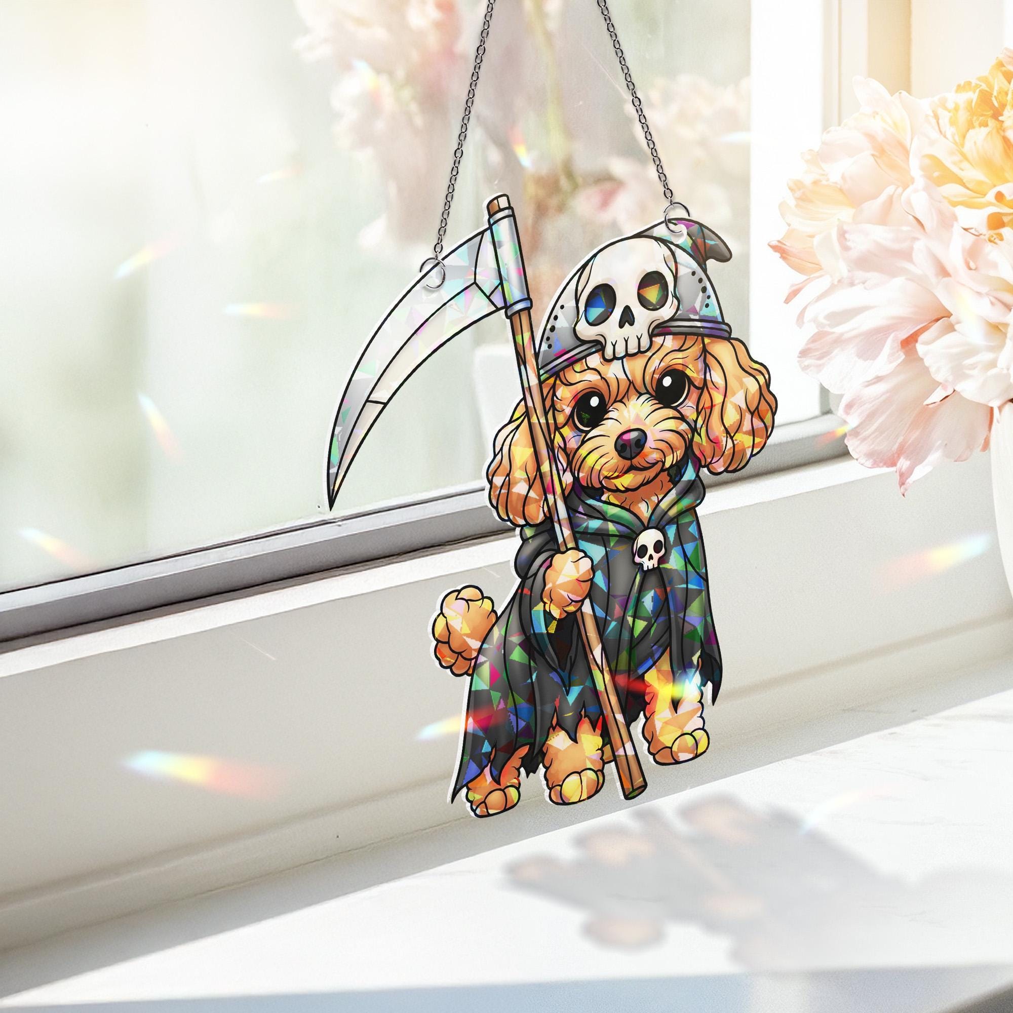 Grim Reaper Dog Sun Catcher - Cute Halloween Puppy Stained Glass Decor - Spooky Pet Window Art