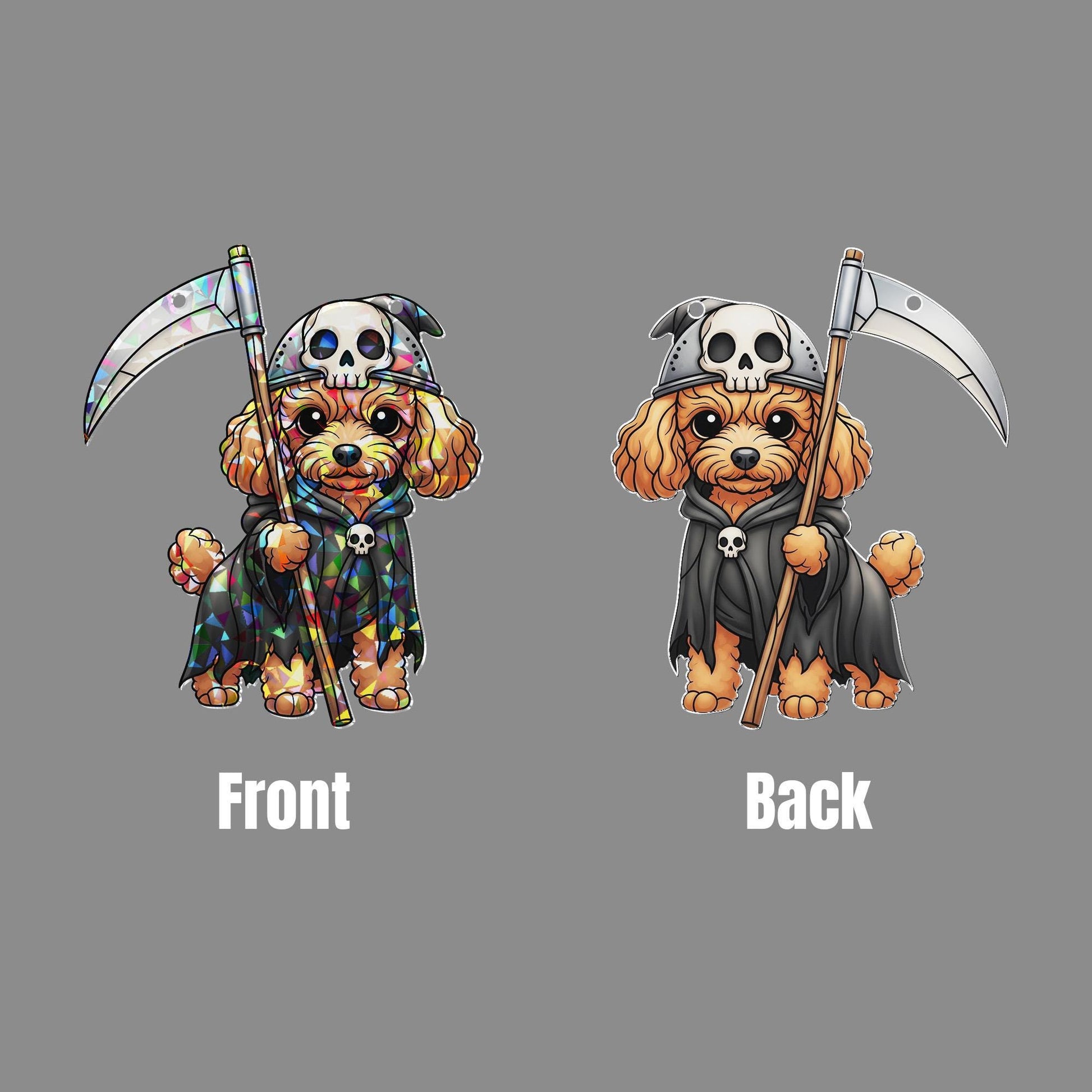 Grim Reaper Dog Sun Catcher - Cute Halloween Puppy Stained Glass Decor - Spooky Pet Window Art
