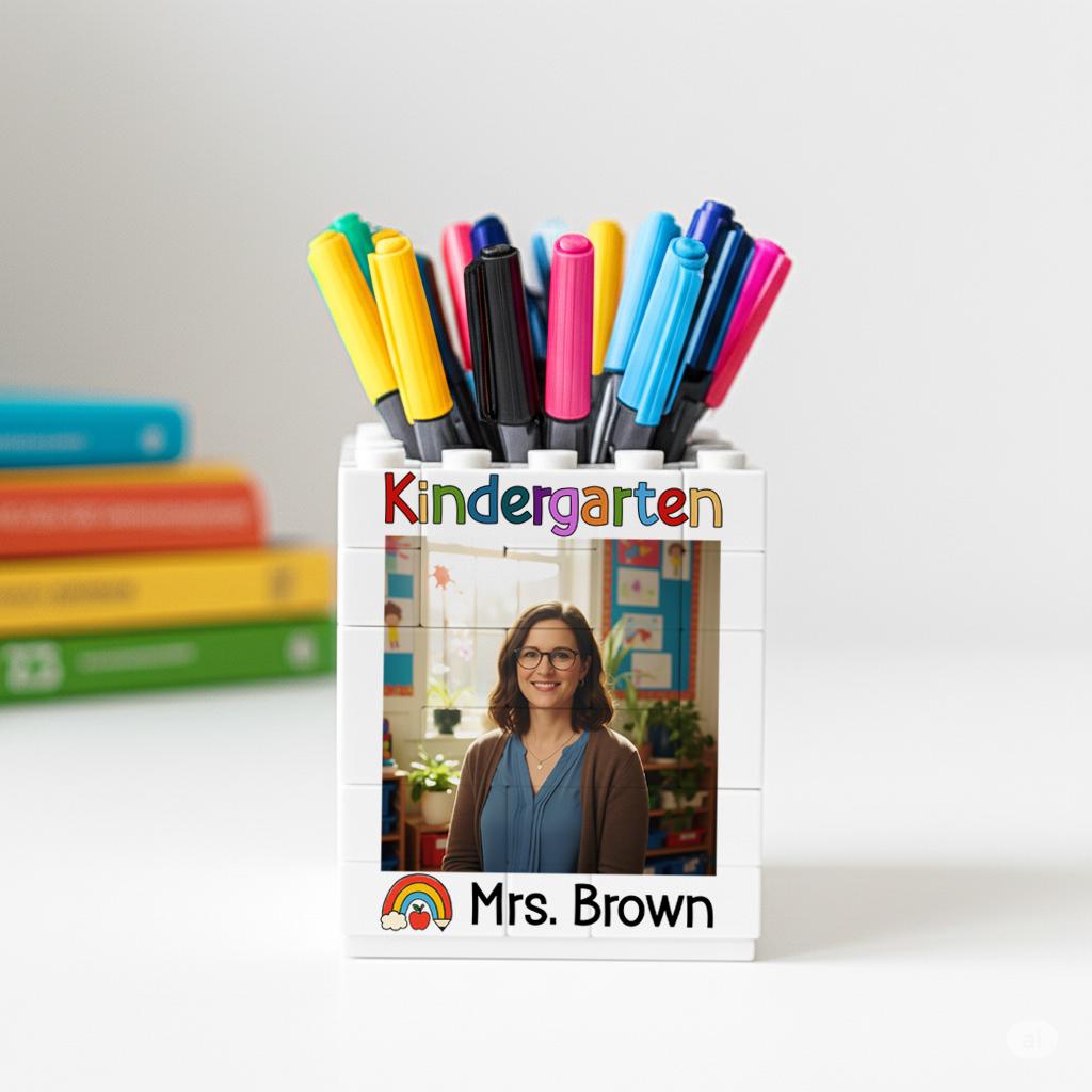 Personalized Teacher Photo Building Brick Pencil Pot, Custom Kindergarten Name Desk Organizer, Back To School Gift, Teacher Accessories
