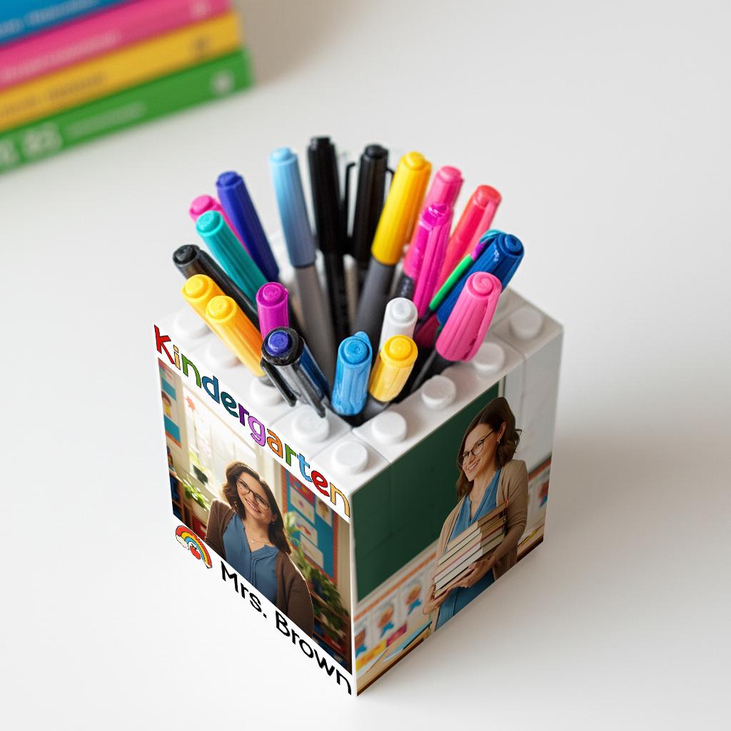 Personalized Teacher Photo Building Brick Pencil Pot, Custom Kindergarten Name Desk Organizer, Back To School Gift, Teacher Accessories