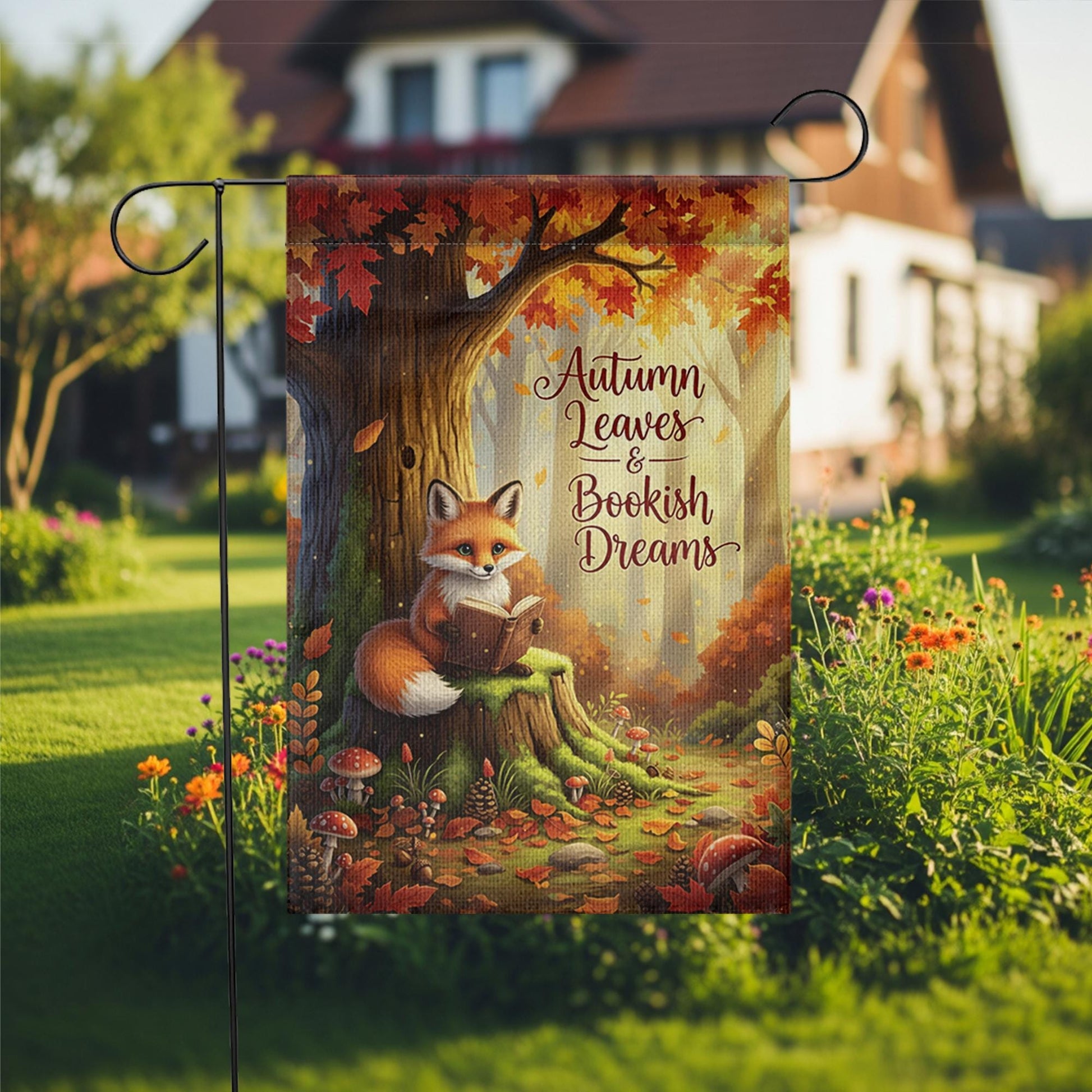 Autumn Fox Garden Flag - Bookish Dreams Fall Yard Decor - Cozy Reading Outdoor Sign