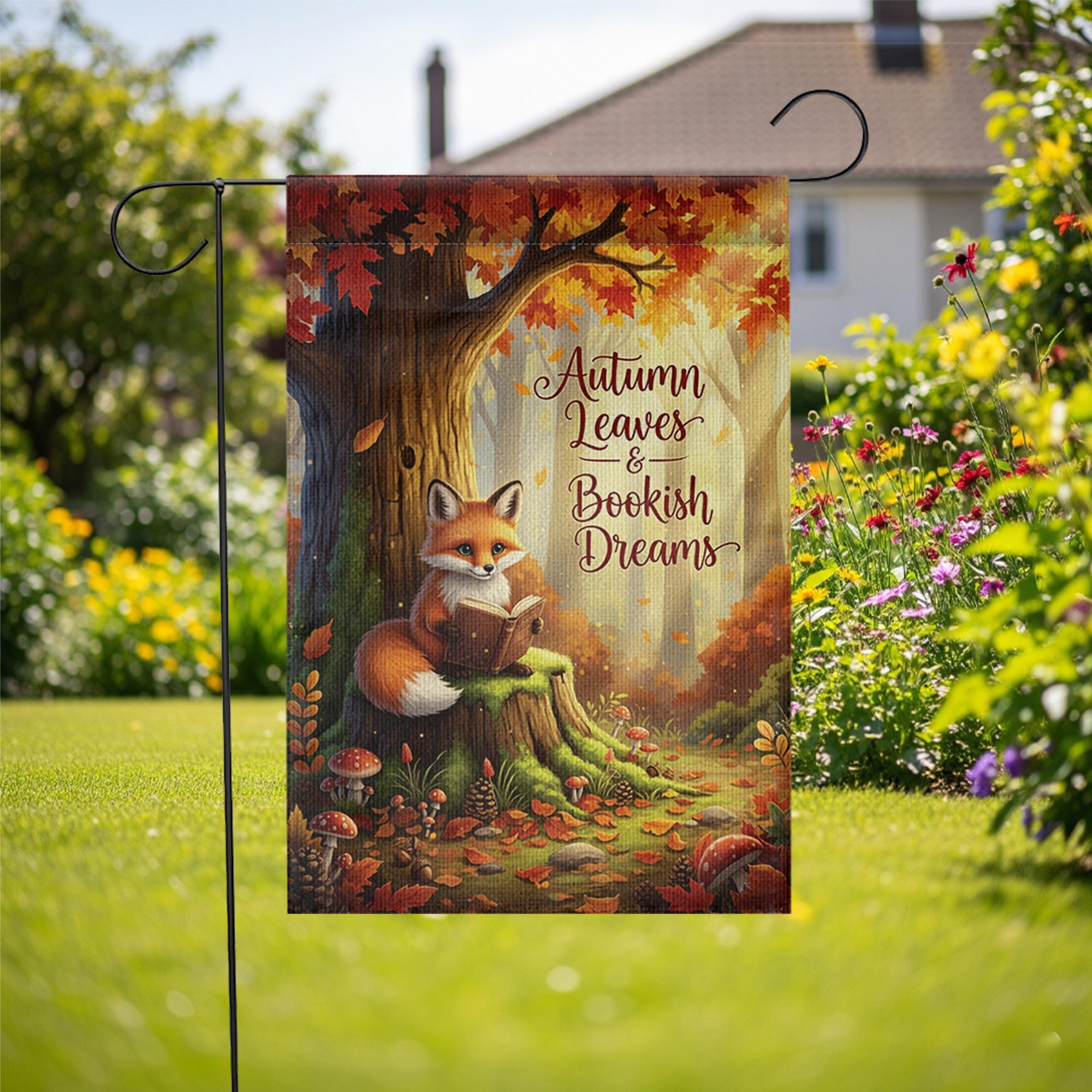Autumn Fox Garden Flag - Bookish Dreams Fall Yard Decor - Cozy Reading Outdoor Sign