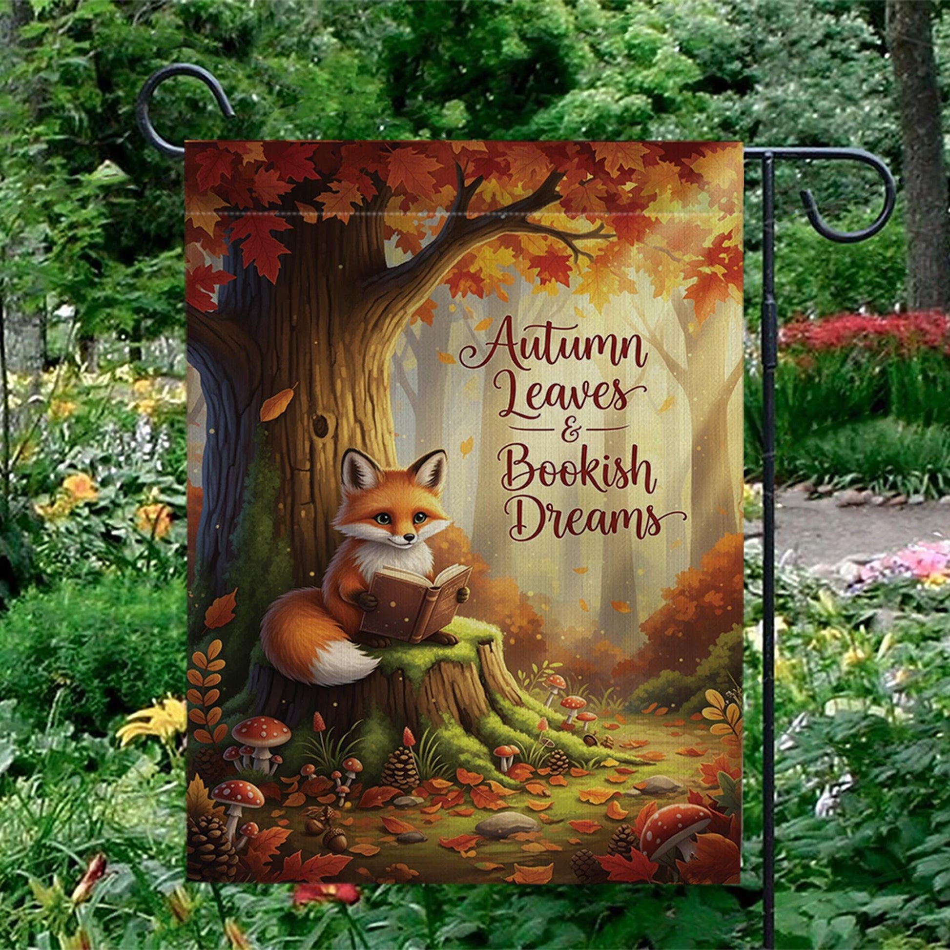 Autumn Fox Garden Flag - Bookish Dreams Fall Yard Decor - Cozy Reading Outdoor Sign