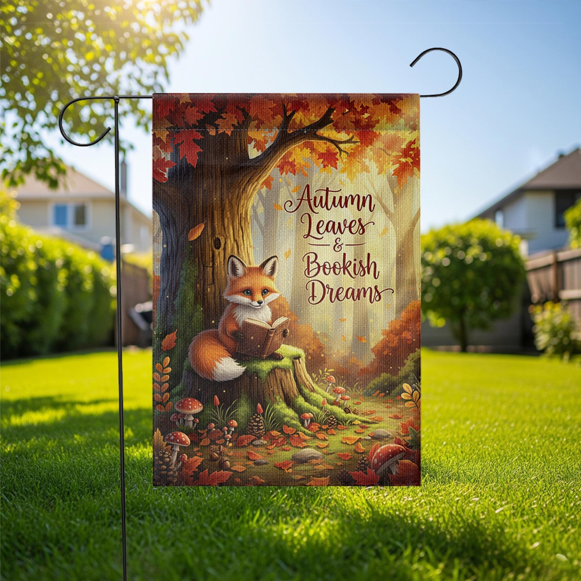 Autumn Fox Garden Flag - Bookish Dreams Fall Yard Decor - Cozy Reading Outdoor Sign