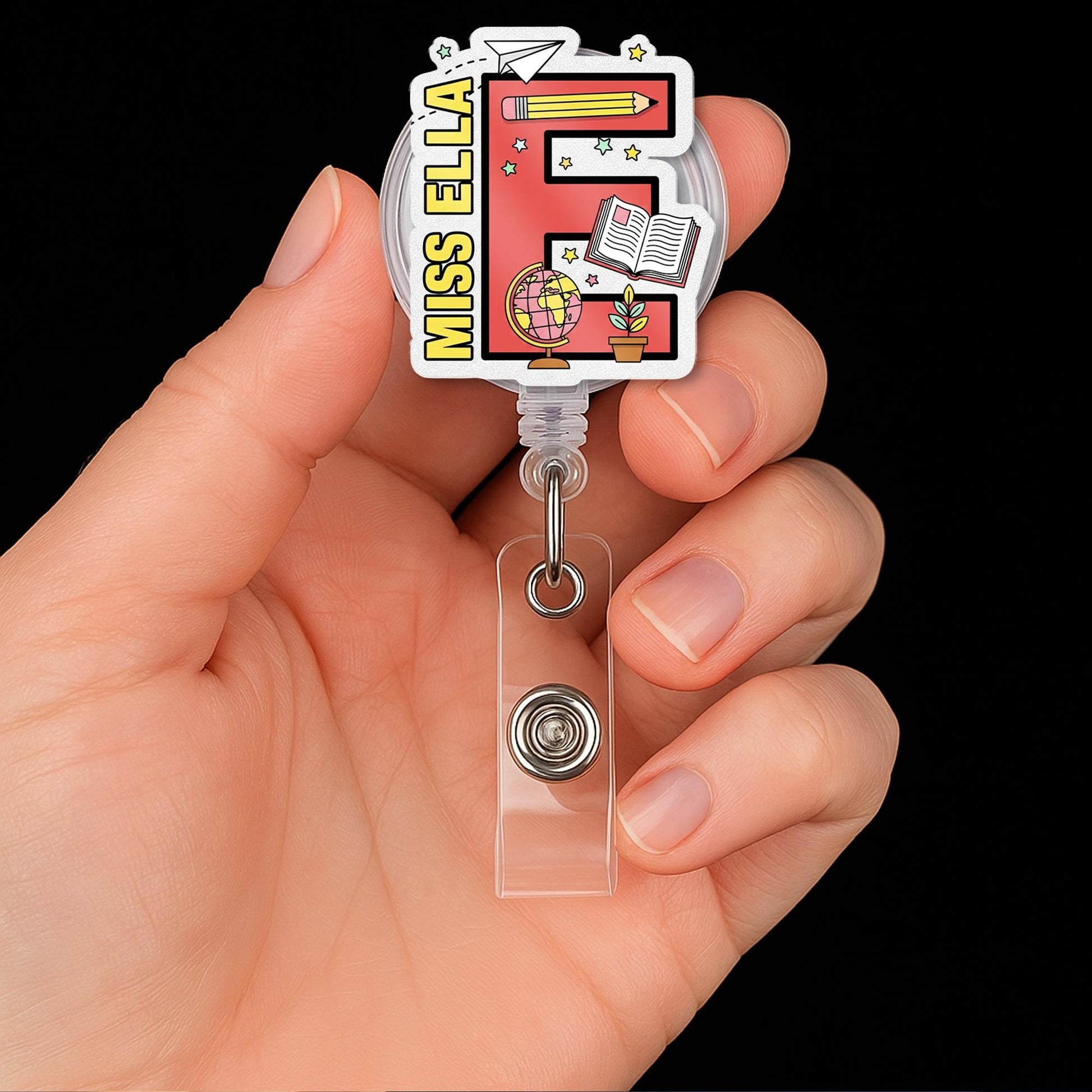Custom Teacher Badge Reel, Back to School ID Clip, Personalized Letter Badge Holder, Cute Retractable Name Tag for Classroom