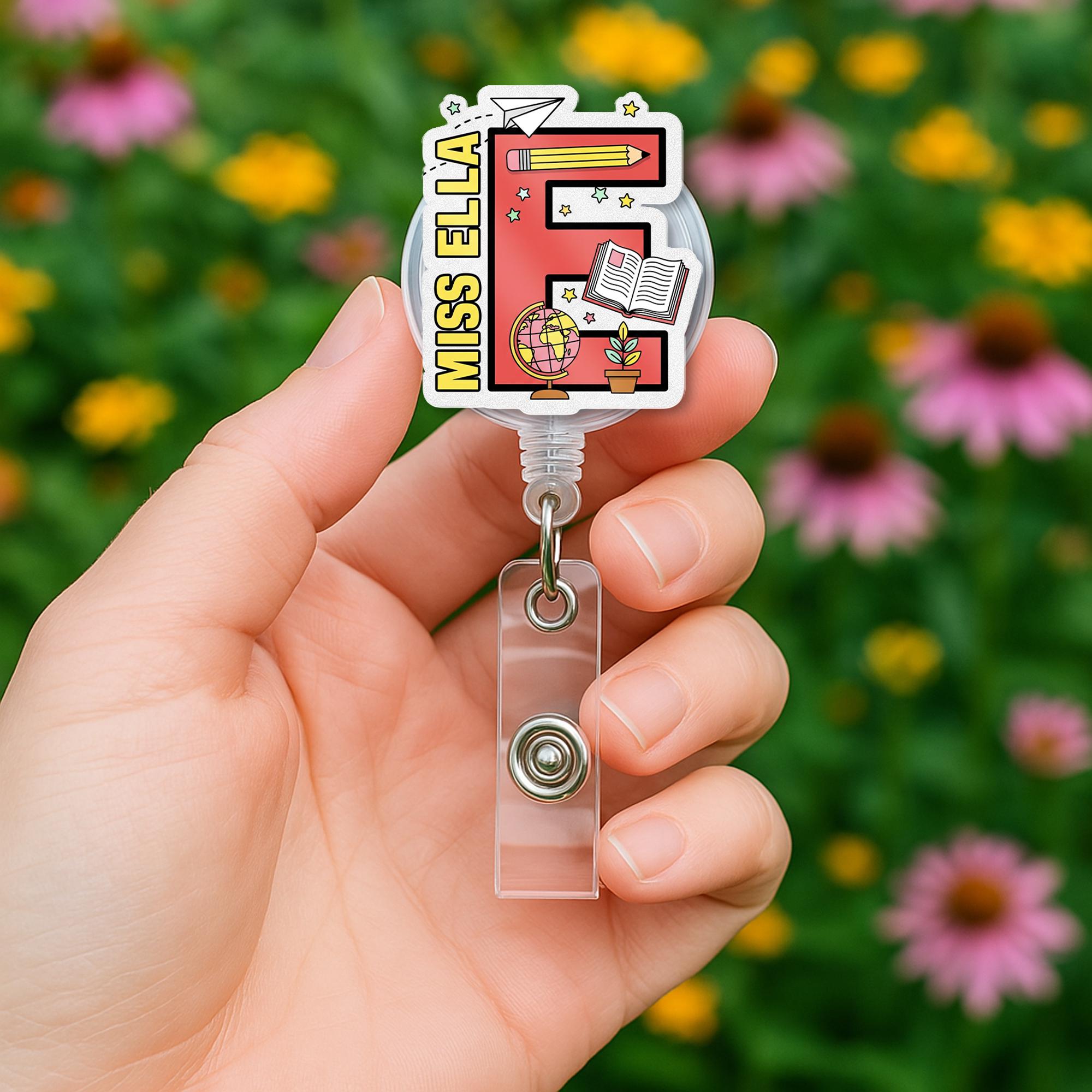 Custom Teacher Badge Reel, Back to School ID Clip, Personalized Letter Badge Holder, Cute Retractable Name Tag for Classroom
