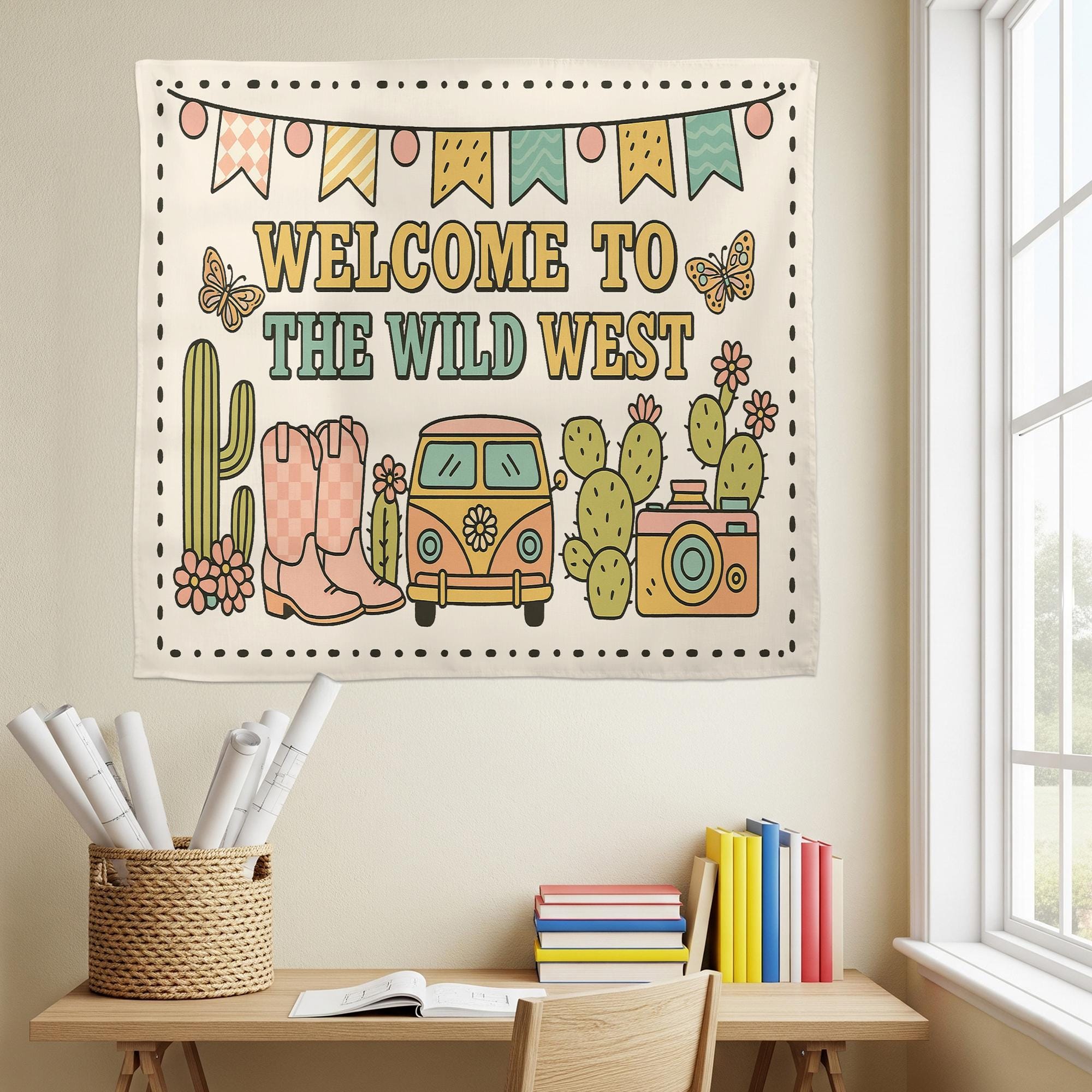 Wild West Classroom Tapestry, Western Theme Wall Decor for Kids Room or Bulletin Board, Cute Cactus & Cowboy Boots Banner Sign