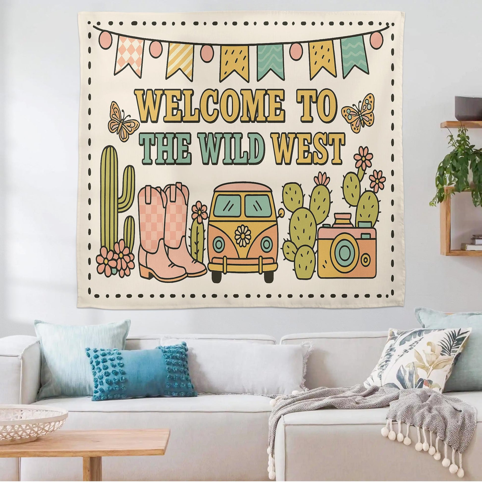 Wild West Classroom Tapestry, Western Theme Wall Decor for Kids Room or Bulletin Board, Cute Cactus & Cowboy Boots Banner Sign