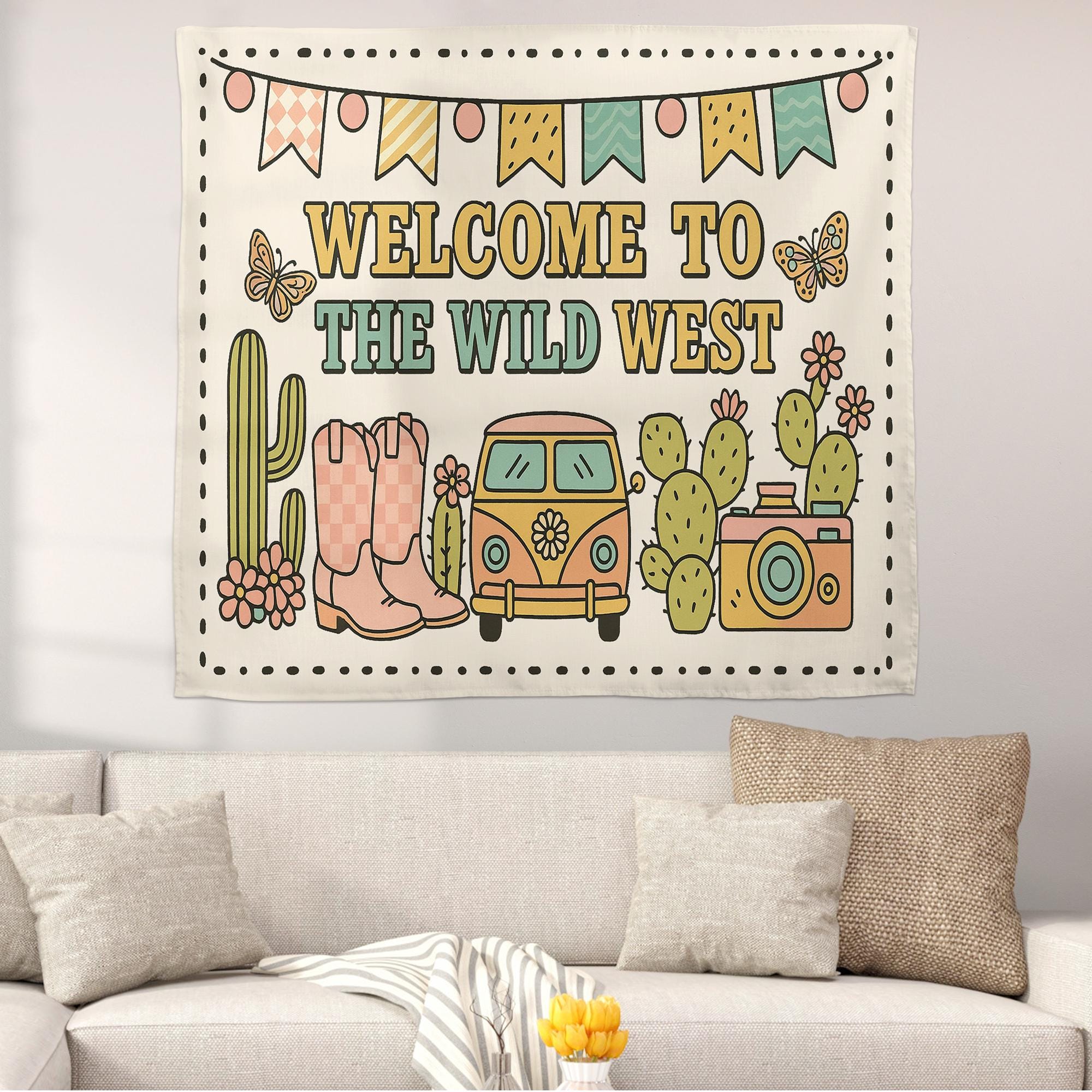 Wild West Classroom Tapestry, Western Theme Wall Decor for Kids Room or Bulletin Board, Cute Cactus & Cowboy Boots Banner Sign