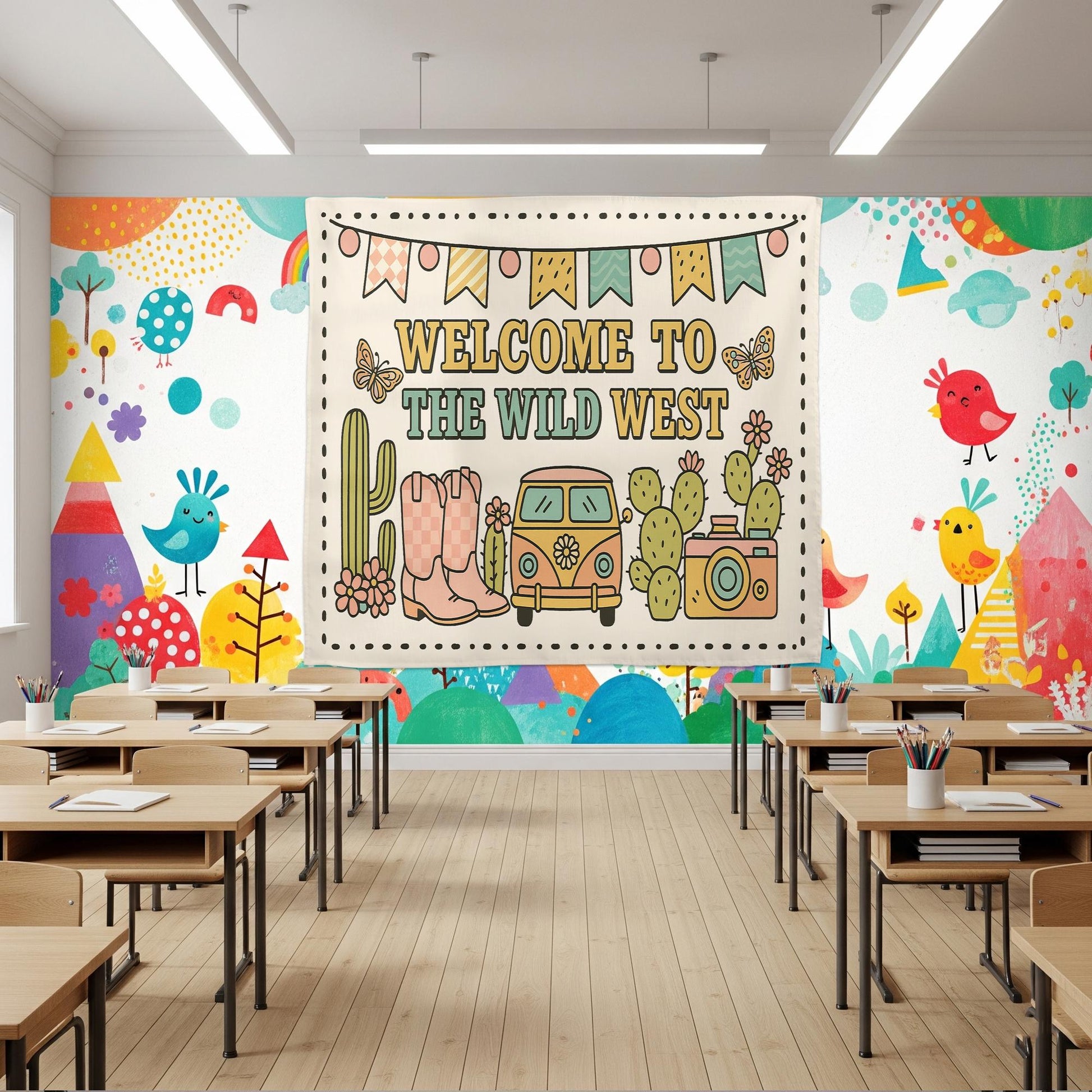 Wild West Classroom Tapestry, Western Theme Wall Decor for Kids Room or Bulletin Board, Cute Cactus & Cowboy Boots Banner Sign