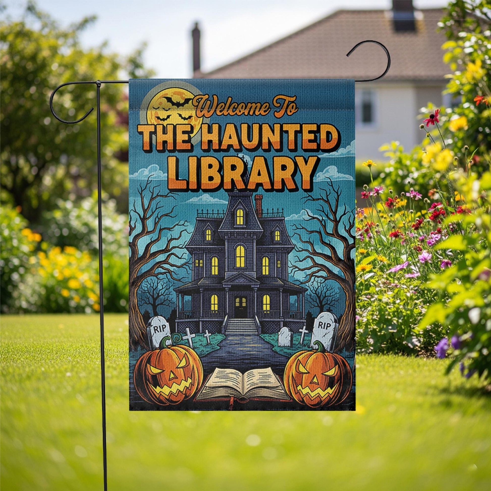 Haunted Library Garden Flag - Halloween Book Lover Yard Decor - Spooky House Outdoor Sign