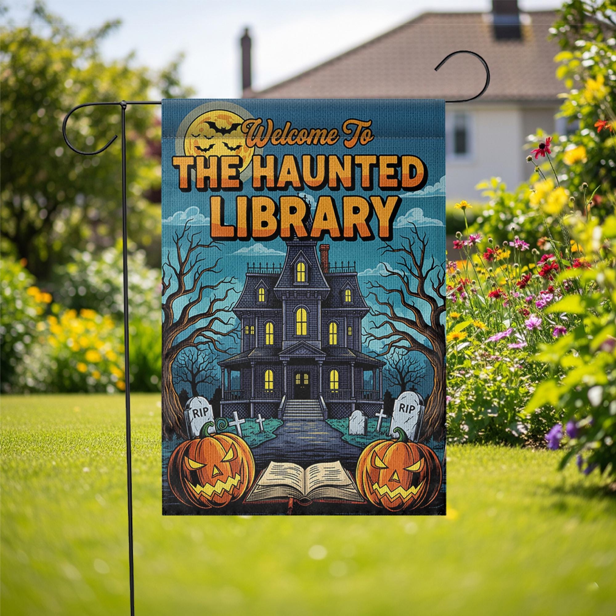 Haunted Library Garden Flag - Halloween Book Lover Yard Decor - Spooky House Outdoor Sign