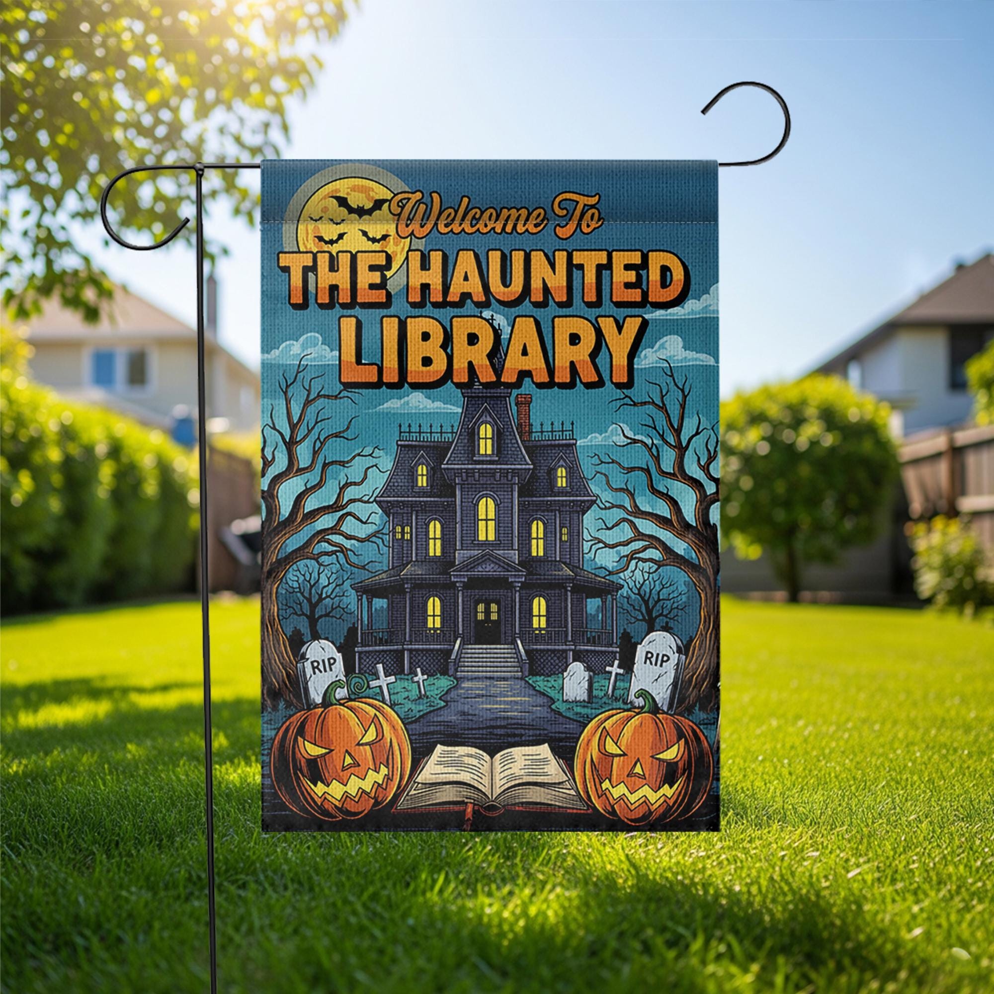 Haunted Library Garden Flag - Halloween Book Lover Yard Decor - Spooky House Outdoor Sign